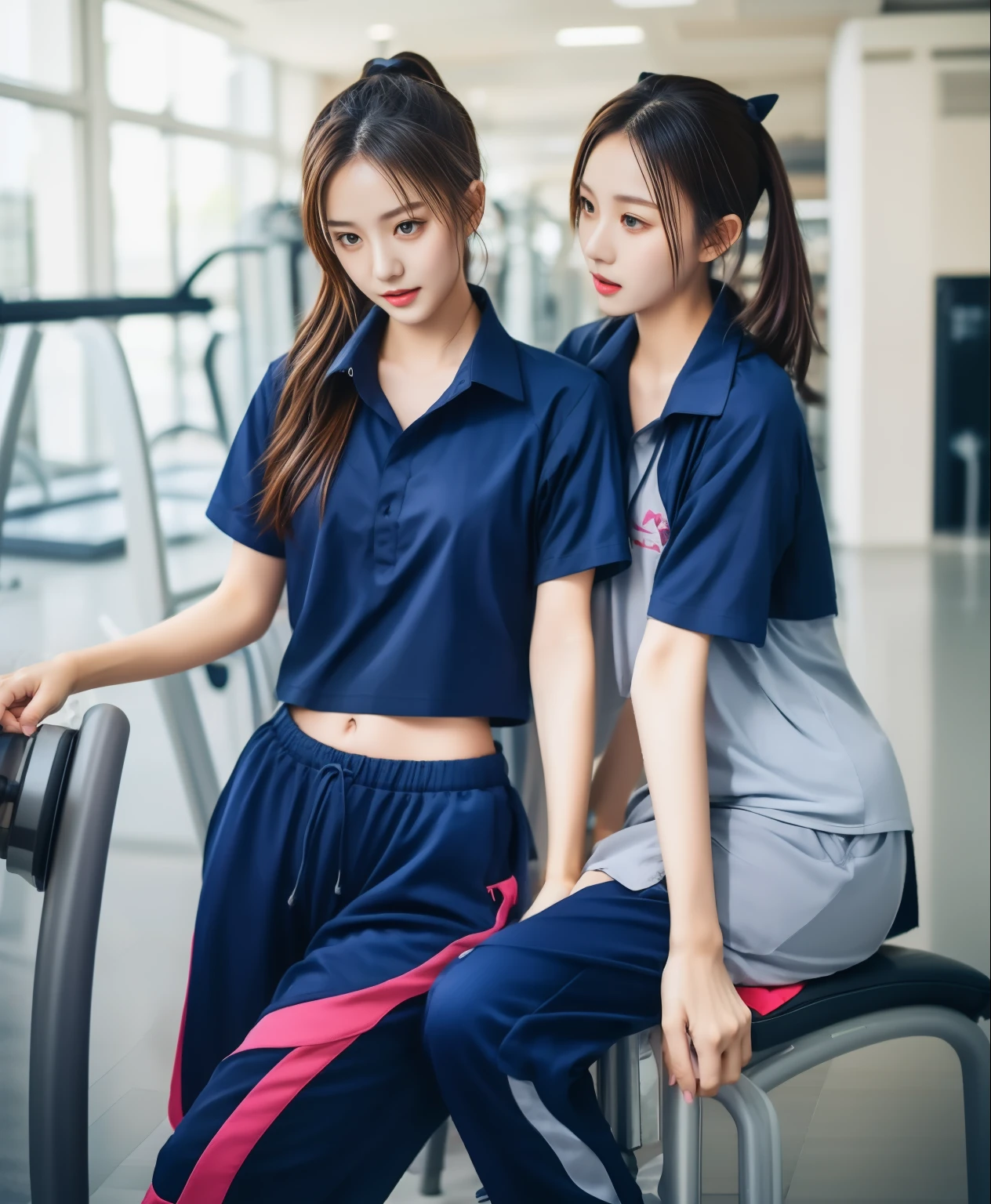 3 girls in fitness center, Navy blue short-sleeved shirt,Navy Long Trackpant,Sweatpants, Long sweatpants,25 year old girl, lesbian, sexy, exercise clothes, wet body, exercise clothes