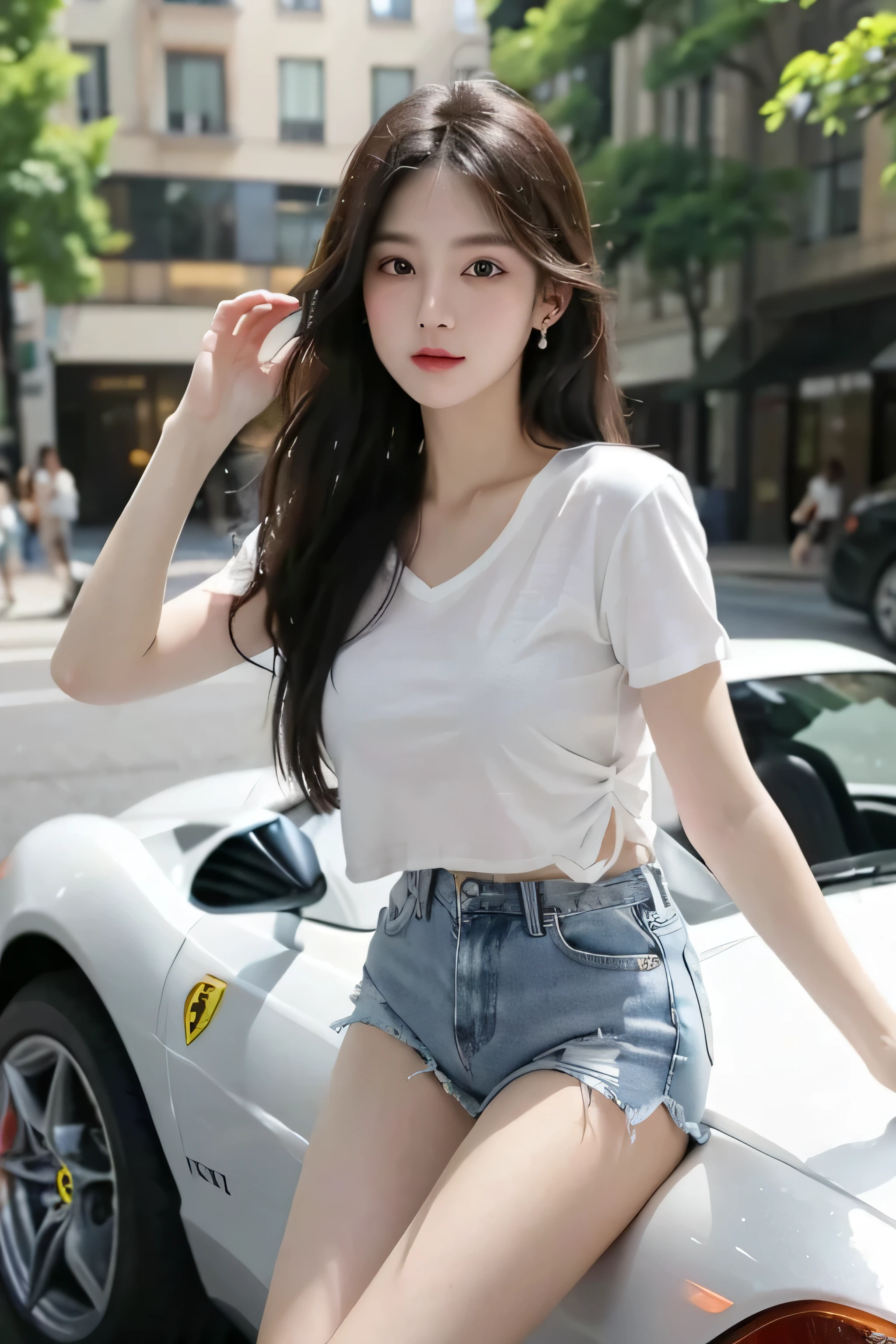 best quality, masterpiece, ultra high resolution, (actual: 1.4), original photo, (Evening Street), 1 girl, black eyes, looking at the audience, long hair, Light makeup, lips, Small ears, White T-shirt, Denim shorts, earrings, ride a ferrari, big breasts, Slim