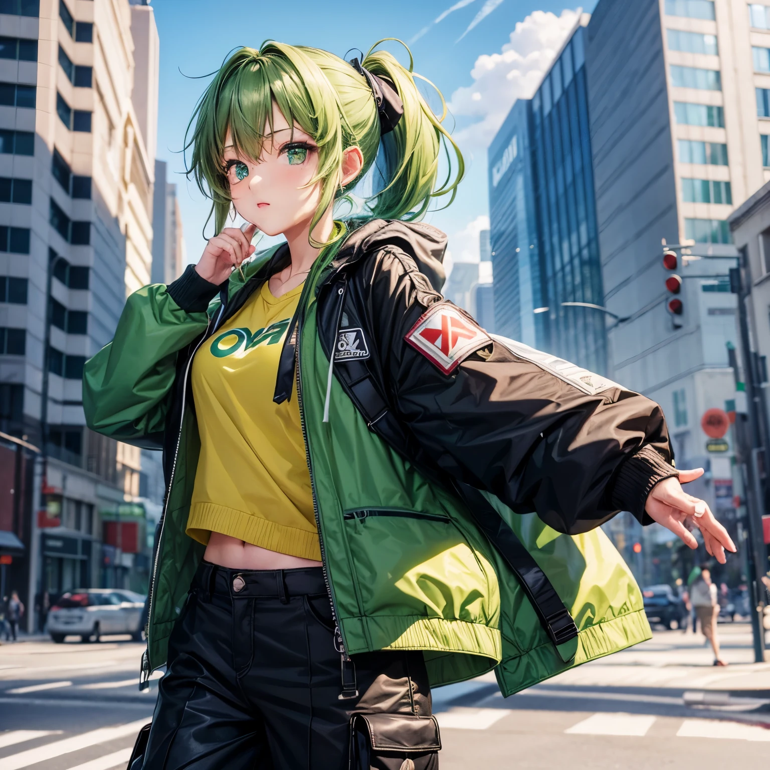 Girl with light green, light green hodie, dark green hair ponytail, balck long pants, the left hand into the hodie pocket and the right hand holds shotguns, and lo ok viewer