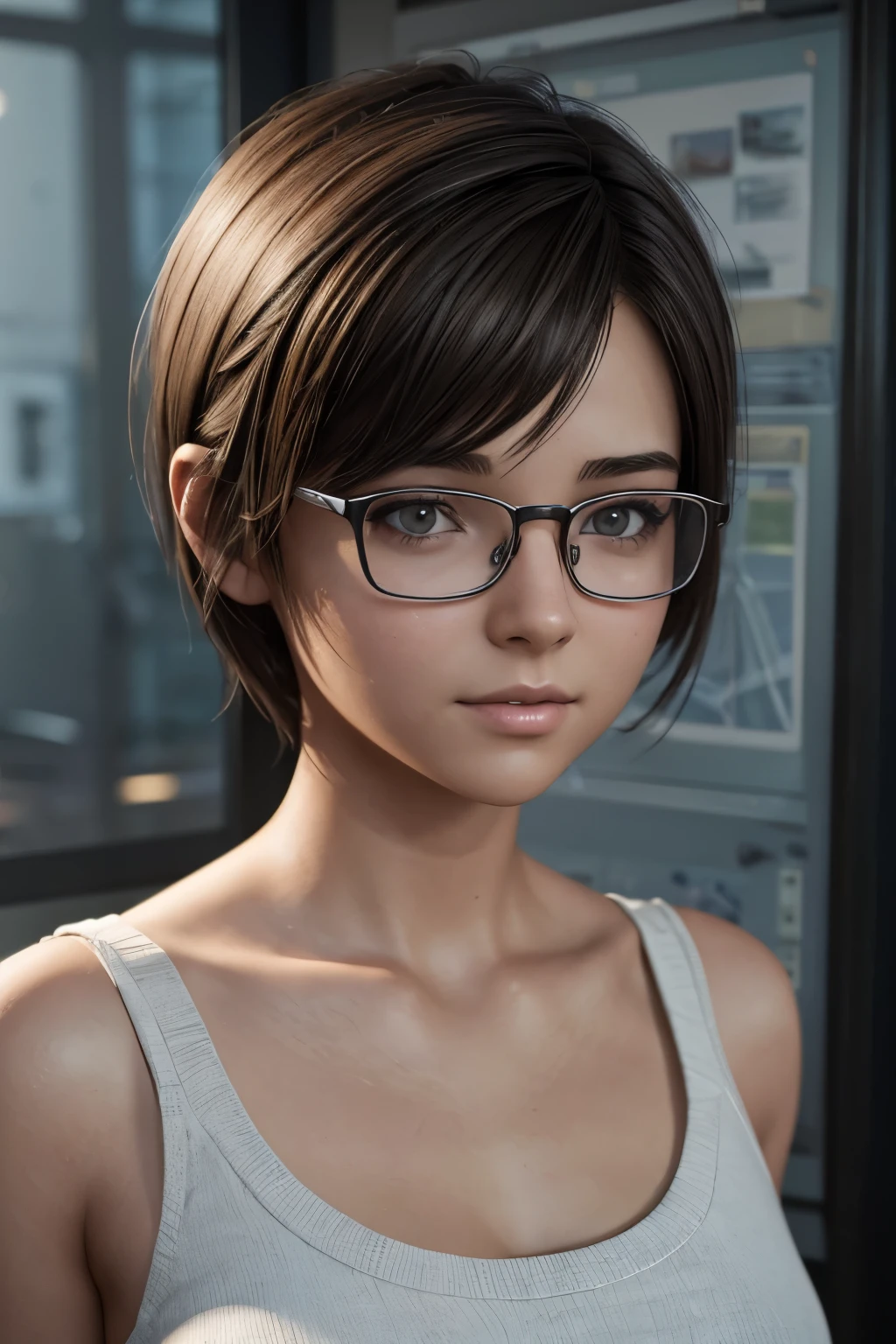pencil sketch. short hair, cute girl  wearing glasses with metal frames, small breasted. photorealism. unreal engine. 3D model. Ultra high quality textures