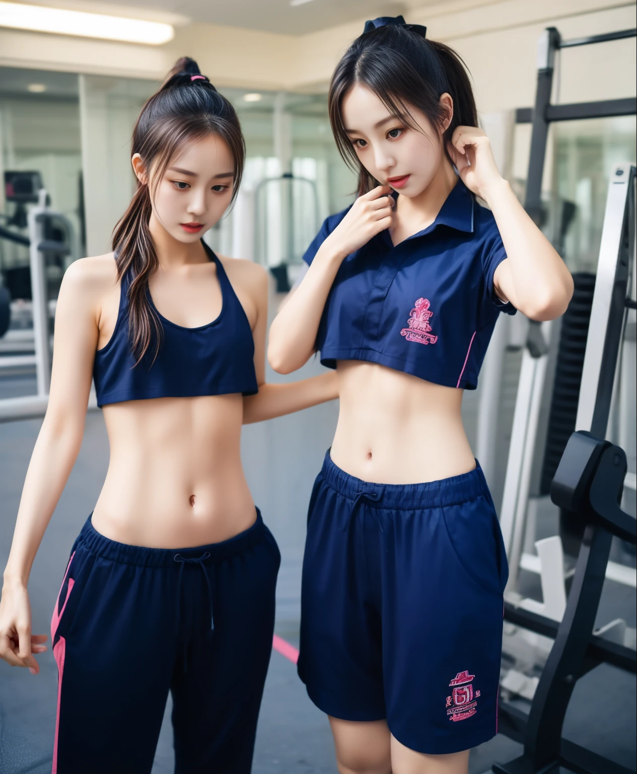 3 girls in fitness center, Navy blue short-sleeved shirt,Navy Long Trackpant,Sweatpants, Long sweatpants,25 year old girl, lesbian, sexy, exercise clothes, wet body, exercise clothes