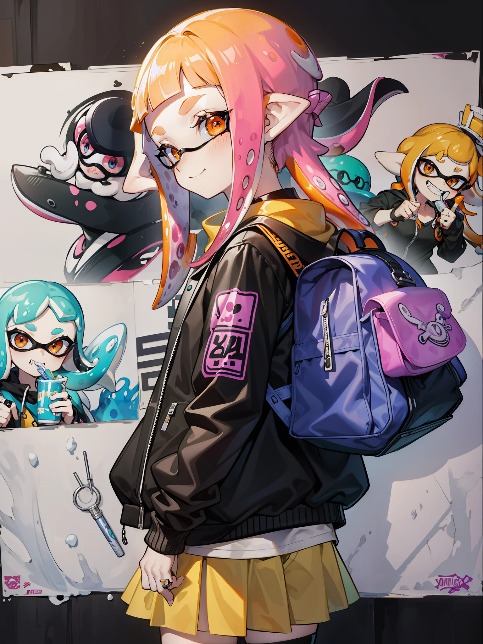 Splatoon, ink ring, tentacle hair, Super high quality、orange、poster