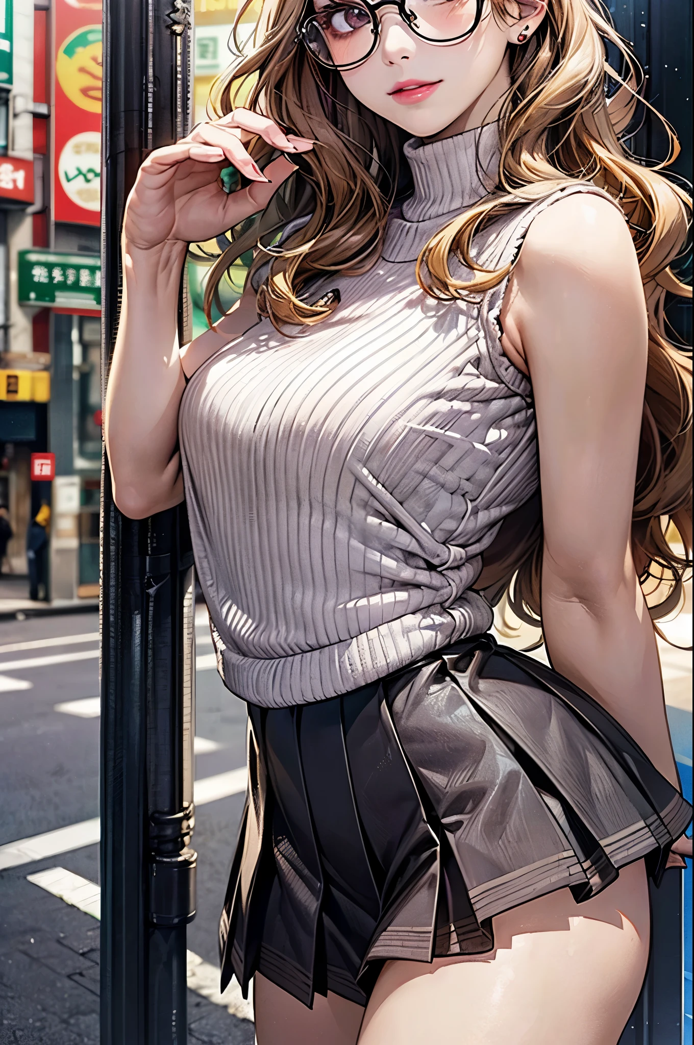 (masterpiece:1.2, top-quality), (realistic, photorealistic:1.4), beautiful illustration, (natural side lighting, movie lighting),
looking at viewer, ((focus onface:1.2)), (full body shot:1.2),
1 girl, japanese, (elegant and cute girl:1.3), perfect face, perfect body, anatomically correct, cute and symmetrical face, shiny skin, babyface, slender,
(long hair:1.3, wavy hair, long sideburns, blonde hair), asymmetrical bangs:1.2, light brown eyes, double eyelids, thin eyebrows, (glossy lips:1.4), (medium breasts, seductive thighs, big ass),
beautiful hair, beautiful face, beautiful detailed eyes, beautiful clavicle, beautiful body, beautiful chest, beautiful thigh, beautiful legs, (beautiful hands),
((wear a violet sleeveless buttonhole sweater:1.3), pleated mini skirt of white colors, long boots, wearing glasses:1.1),
(beautiful scenery), evening, ((knees up)), ((walk the night shift street of marunuti, japan:1.3)), (from the side side:1.2), (look sideways at the audience:1.2), (gently smiling:1.2),