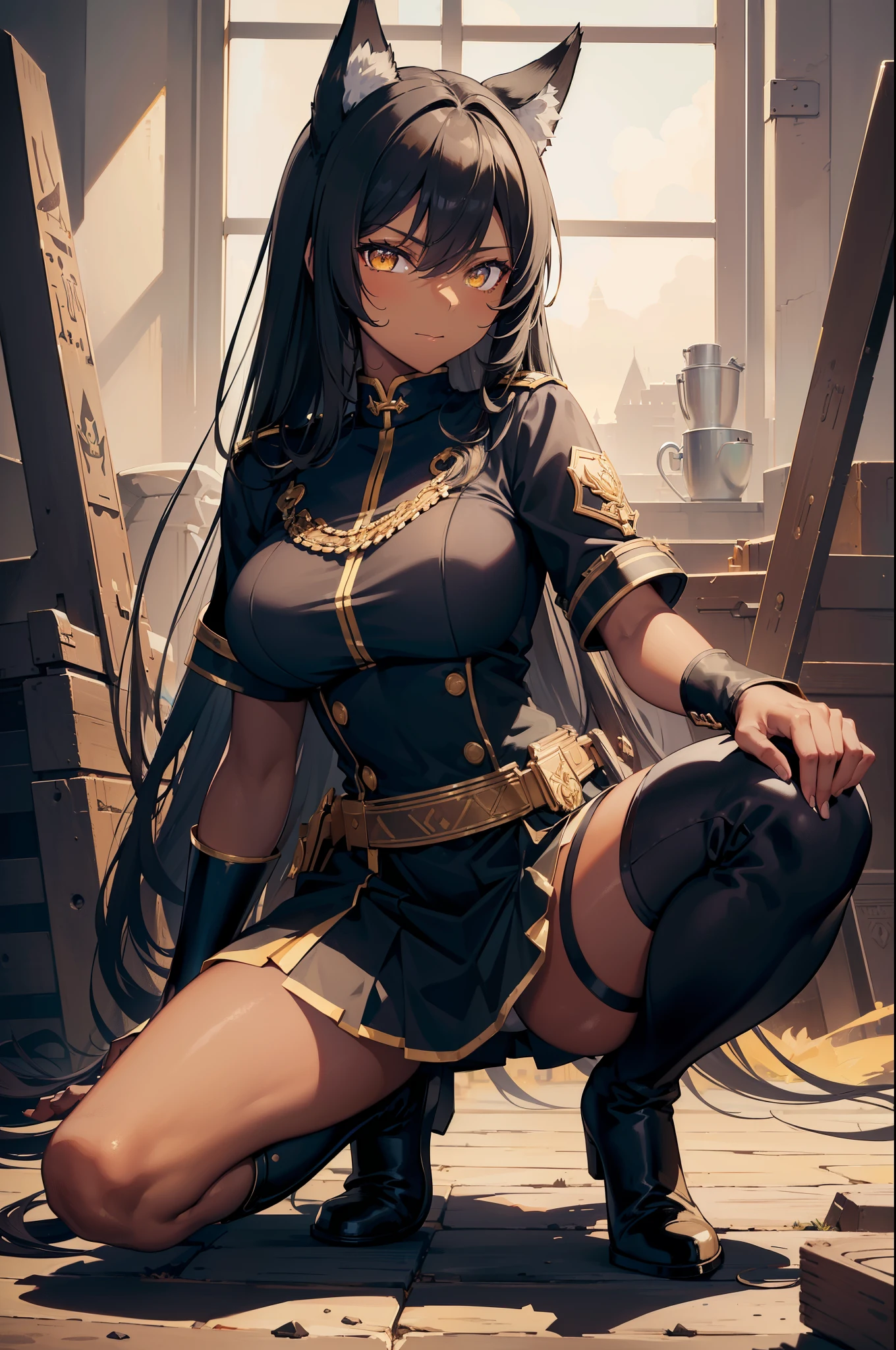 (masterpiece, best quality:1.2), illustration, 8k, hd, 1girl, solo, 1girl, ((tan, dark skin, black hair, wolf ears,)) Egyptian girl, military uniform, yellow eyes, looking at viewer, roguish smirk, long hair, large breasts, desert, thigh high boots, squatting, black skirt, cowboy shot, golden palace,