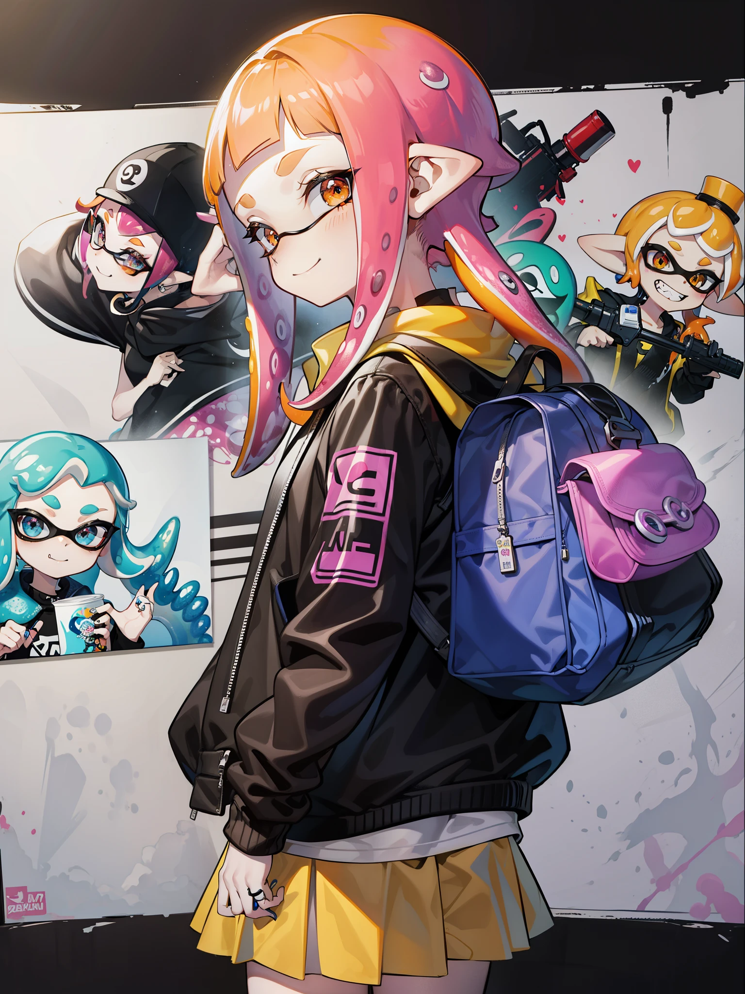 Splatoon, ink ring, tentacle hair, Super high quality、orange、poster