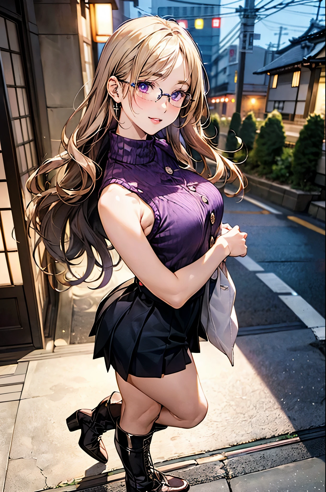 (masterpiece:1.2, top-quality), (realistic, photorealistic:1.4), beautiful illustration, (natural side lighting, movie lighting), 
looking at viewer, ((focus onface:1.2)), (full body shot:1.2), 
1 girl, japanese, (elegant and cute girl:1.3), perfect face, perfect body, anatomically correct, cute and symmetrical face, shiny skin, babyface, slender, 
(long hair:1.3, wavy hair, long sideburns, blonde hair), asymmetrical bangs:1.2, light brown eyes, double eyelids, thin eyebrows, (glossy lips:1.4), (medium breasts, seductive thighs, big ass), 
beautiful hair, beautiful face, beautiful detailed eyes, beautiful clavicle, beautiful body, beautiful chest, beautiful thigh, beautiful legs, (beautiful hands), 
((wear a violet sleeveless buttonhole sweater:1.3), pleated mini skirt of white colors, long boots, wearing glasses:1.1), 
(beautiful scenery), evening, ((knees up)), ((walk the night shift street of marunuti, japan:1.3)), (from the side side:1.2), (look sideways at the audience:1.2), (gently smiling:1.2),  