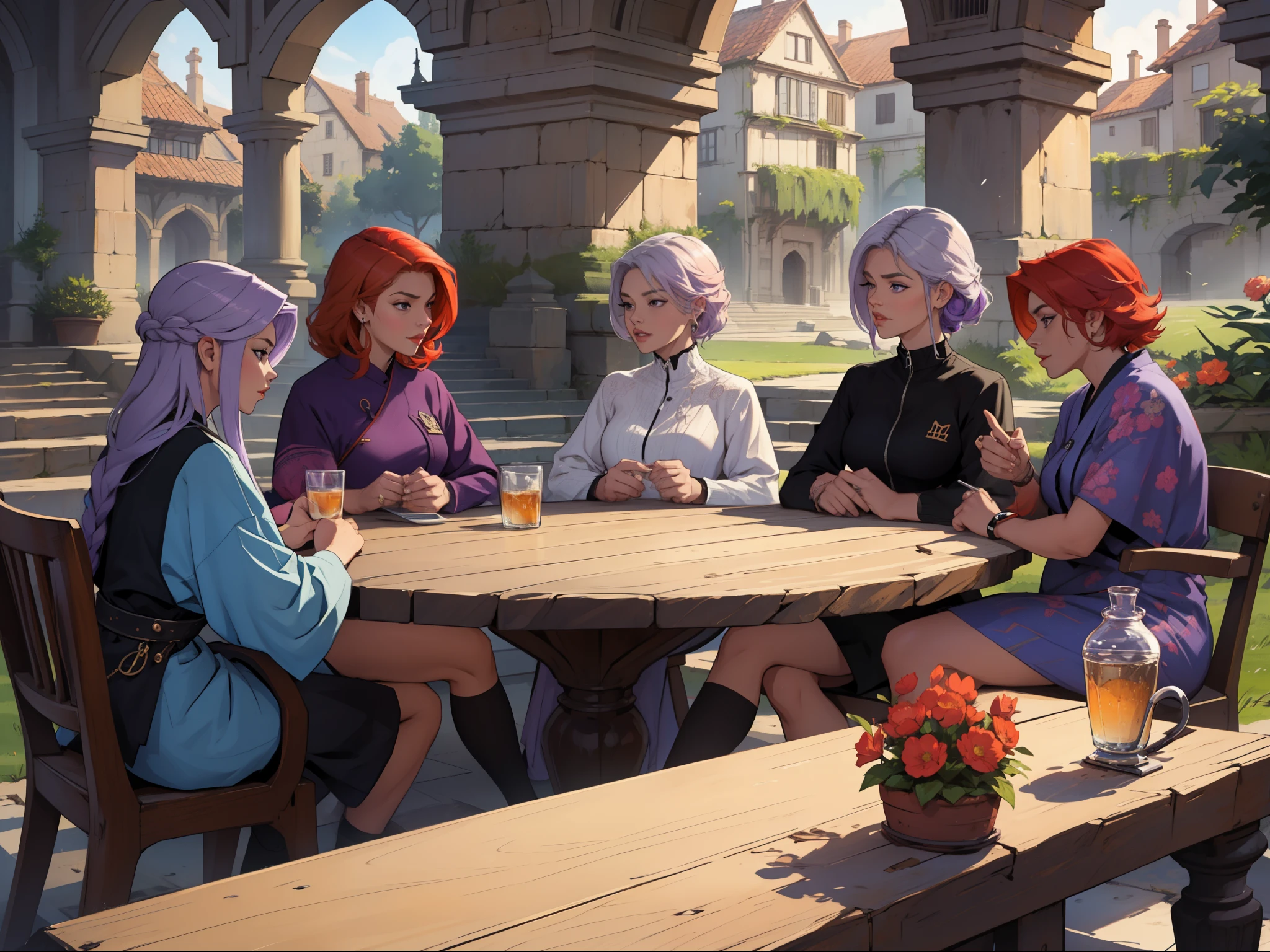 a group of 45 year old ladies, one with purple hair, the other with silver hair, the other with orange hair and the other with red hair., estan conversando hablando pero esta tensoelambienteson rivales discuten temasdelicados tienen cabello corto