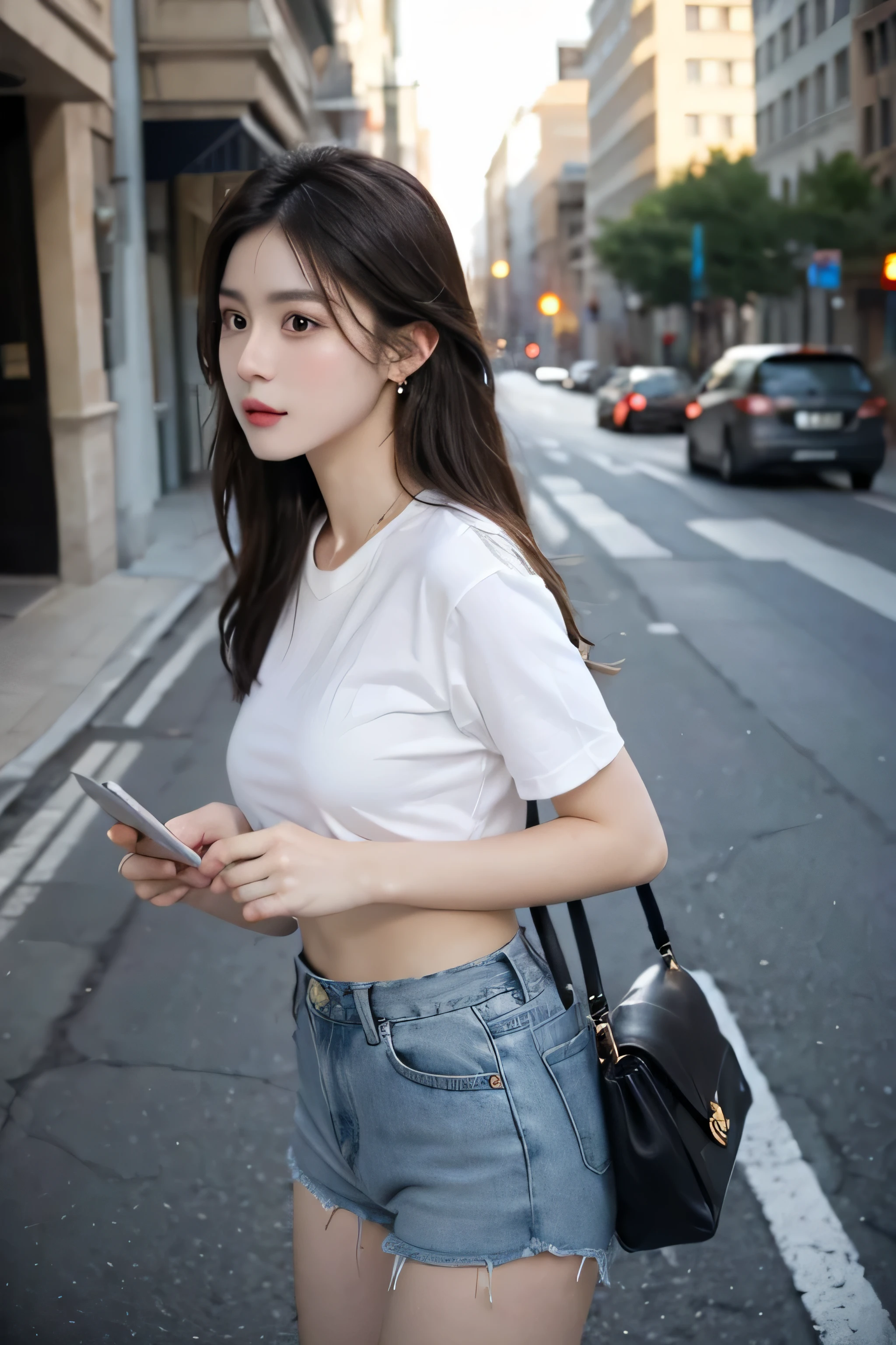 best quality, masterpiece, ultra high resolution, (actual: 1.4), original photo, (Evening Street), 1 girl, black eyes, looking at the audience, long hair, Light makeup, lips, Small ears, White T-shirt, Denim shorts, earrings, ride a ferrari, big breasts, Slim
