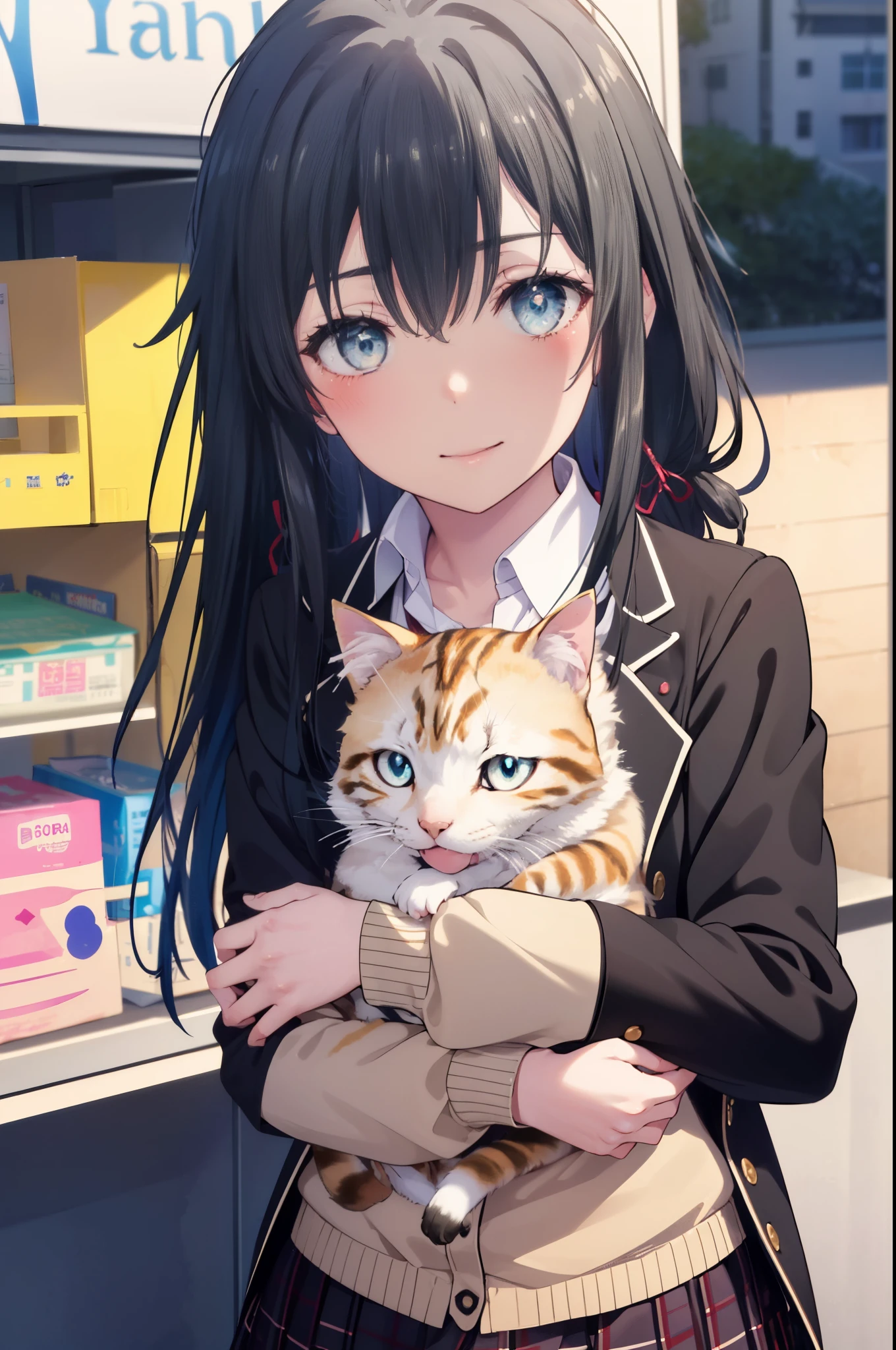 yukinoyukinoshita, yukino yukinoshita, 1woman and calico cat,black hair, blue eyes, long hair, Ahoge,blush,smile,幸せな雰囲気
break blazer, cardigan, Jacket, plaid, plaid skirt, school uniform, skirt, sobu high school uniform,Crouching down and holding a small kitten,
break outdoors, residential street,
break (masterpiece:1.2), highest quality, High resolution, unity 8k wallpaper, (shape:0.8), (fine and beautiful eyes:1.6), highly detailed face, perfect lighting, Very detailed CG, (perfect hands, perfect anatomy),