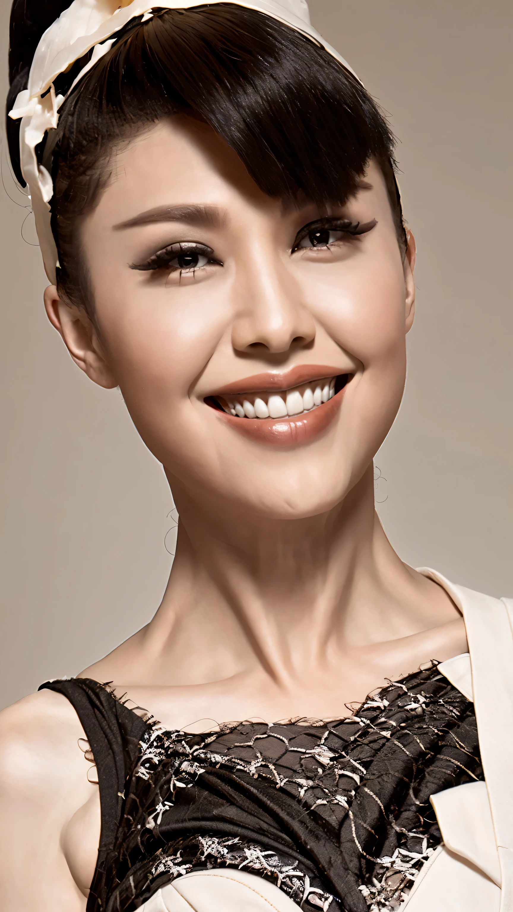 fashion model 20 years old [[[[close up]]]], [[[[neck]]]], [[[[Shoulder]]]], perfect eyes, perfect iris，perfect lips，perfect teeth，Perfect skin，White skin，Soft headlight，High Density Imaging Review，long black hair，（Face is clear and delicate），((white lace underwear))，((Sexy))，(((charming smile)))，((Half body photo))，((The background is the bedroom))，((Deluxe king bed))，best quality，masterpiece，（pastel colors：1.2）