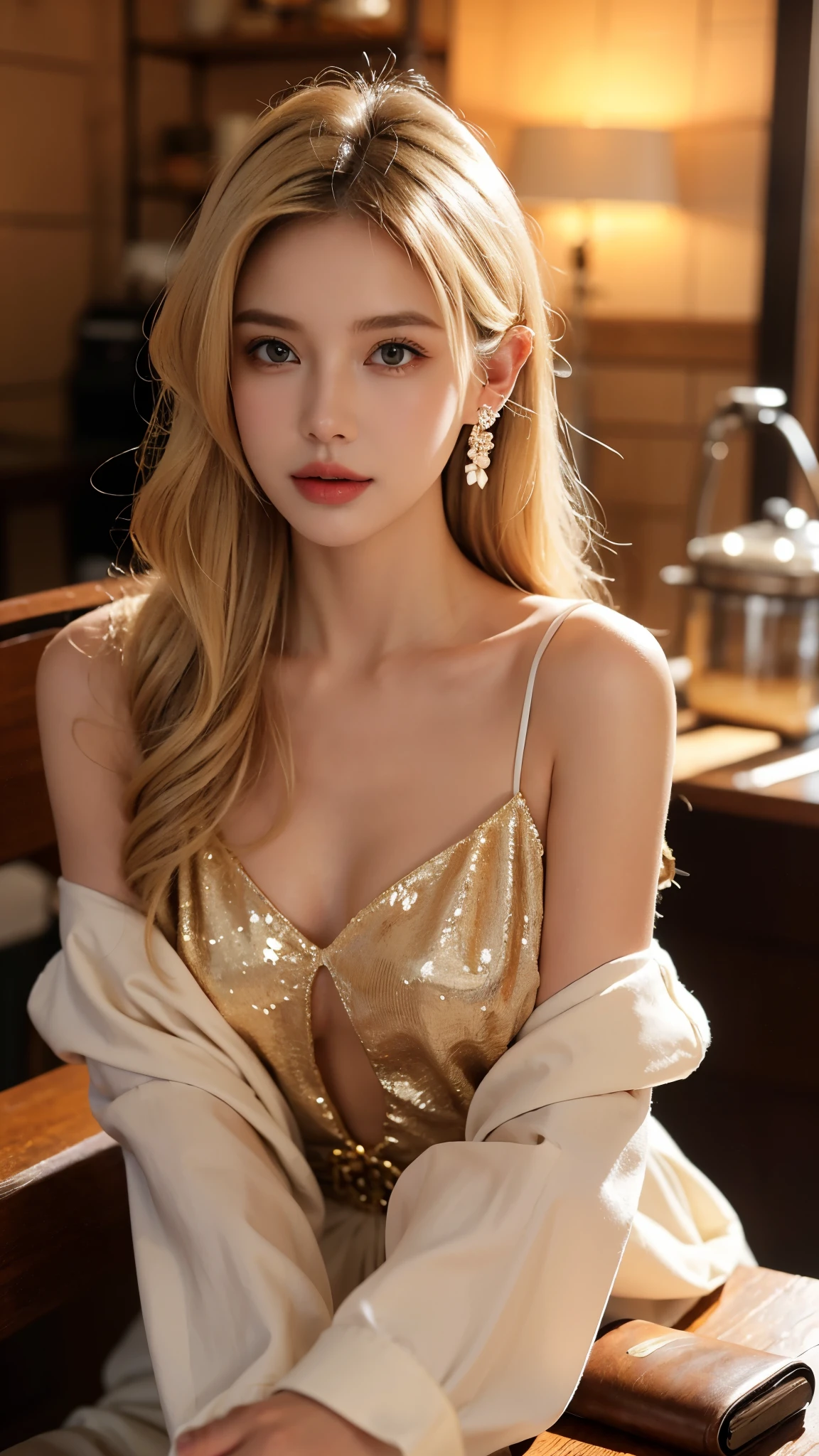 (raw, top quality),Coffee Shop, A young and beautiful blonde woman pouring coffee, ample chest, soft lighting, warm ambiance, earrings, urban and sophisticated woman, shining hair, sleek hairstyle, detailed and stylized