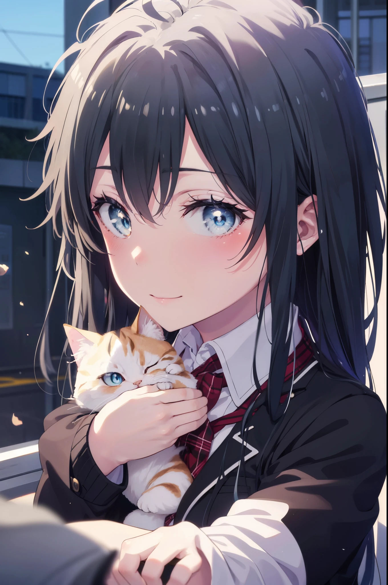 yukinoyukinoshita, yukino yukinoshita, 1woman and calico cat,black hair, blue eyes, long hair, Ahoge,blush,smile,幸せな雰囲気
break blazer, cardigan, Jacket, plaid, plaid skirt, school uniform, skirt, sobu high school uniform,Crouching down and holding a small kitten,
break outdoors, residential street,
break (masterpiece:1.2), highest quality, High resolution, unity 8k wallpaper, (shape:0.8), (fine and beautiful eyes:1.6), highly detailed face, perfect lighting, Very detailed CG, (perfect hands, perfect anatomy),