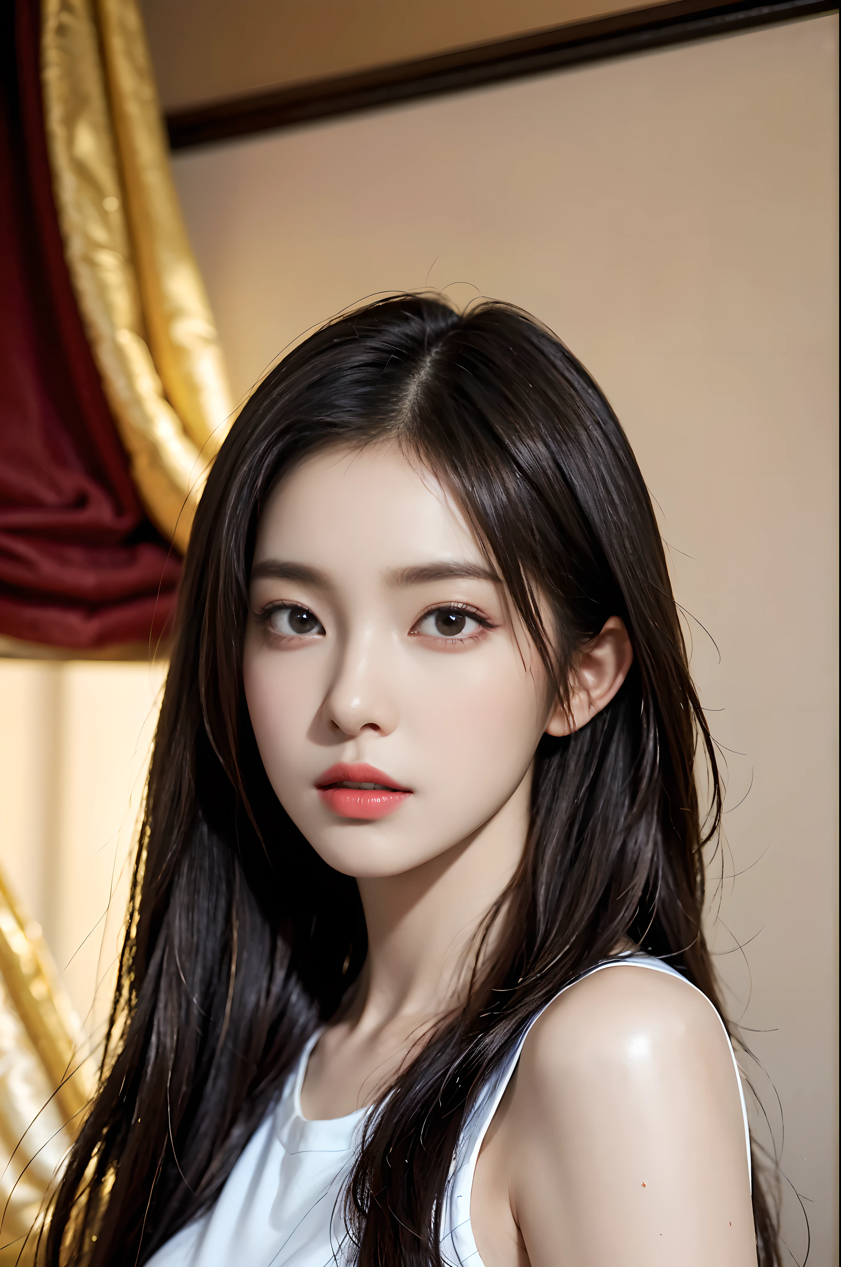 best quality, masterpiece, ultra high resolution, (photorealistic:1.4), RAW photos,1 woman, alone, realistic, Lips, black hair, looking at viewer, black eye, this, long hair, hair above one eye, parted Lips, nose, enlargement, brown hair, bedroom, brown eyes, Sportswear,