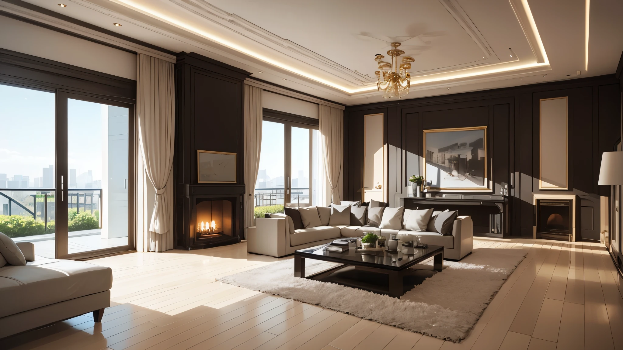 you are a famous interior designer、I was asked to create a 3D image of a large modern room.。. Create a harmonious environment with modern and minimalist furniture. Including garden interior.