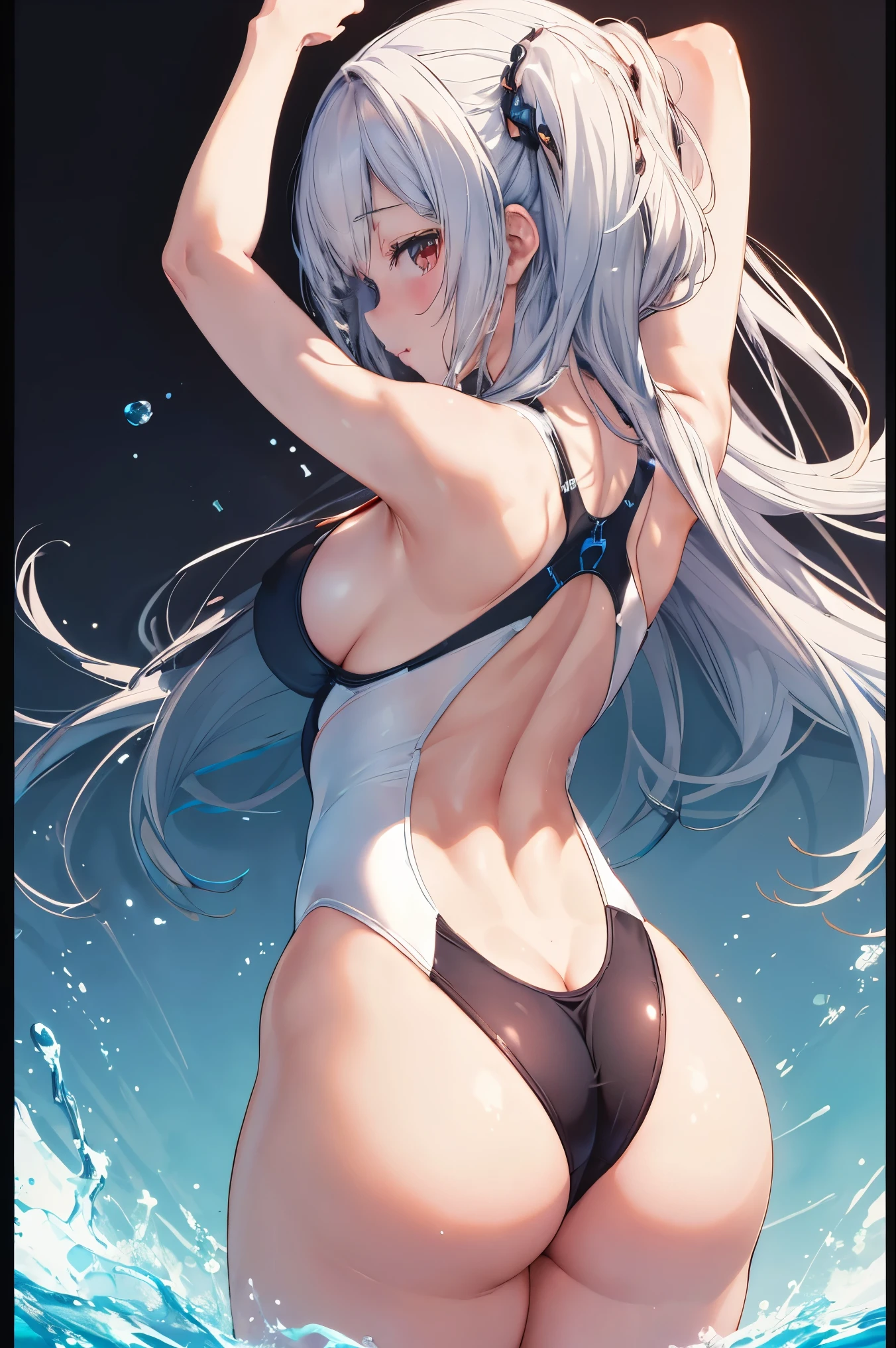 (Extremely detailed CG unified 8k wallpaper),(masterpiece), (best quality), (Super detailed), (Best Best Illustration),(best shadow),White one-piece swimsuit,Turn your back to me,Look back at me,Show armpits,Raise your arms up,charming curves,Show side breasts