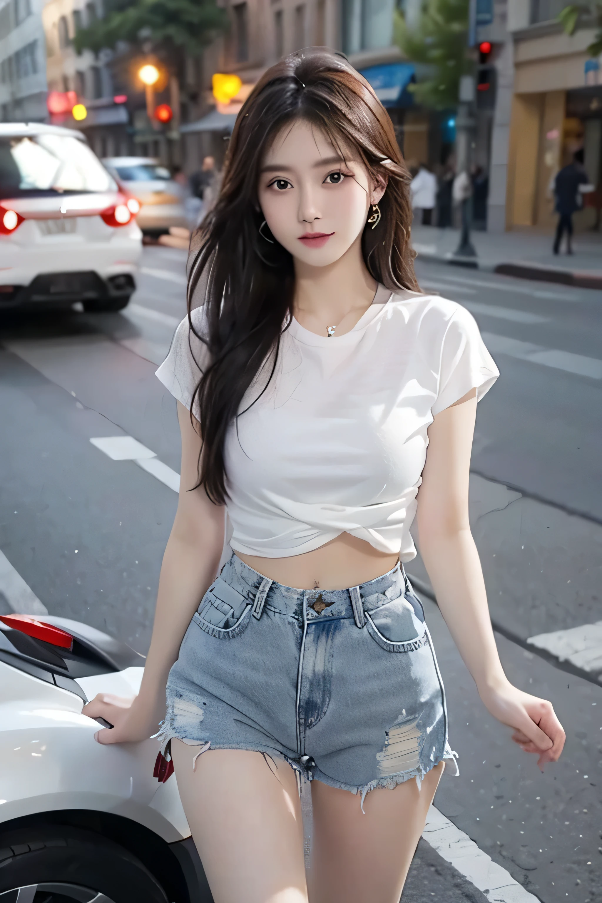 best quality, masterpiece, ultra high resolution, (actual: 1.4), original photo, (Evening Street), 1 girl, black eyes, looking at the audience, long hair, Light makeup, lips, Small ears, White T-shirt, Denim shorts, earrings, ride a ferrari, big breasts, Slim
