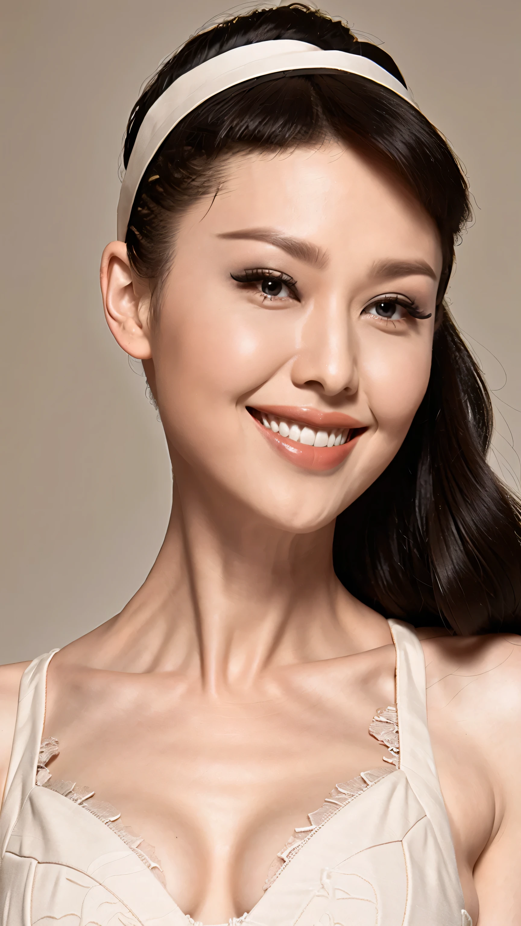 fashion model 20 years old [[[[close up]]]], [[[[neck]]]], [[[[Shoulder]]]], perfect eyes, perfect iris，perfect lips，perfect teeth，Perfect skin，White skin，Soft headlight，High Density Imaging Review，long black hair，（Face is clear and delicate），((white lace underwear))，((Sexy))，(((charming smile)))，((Half body photo))，((The background is the bedroom))，((Deluxe king bed))，best quality，masterpiece，（pastel colors：1.2）