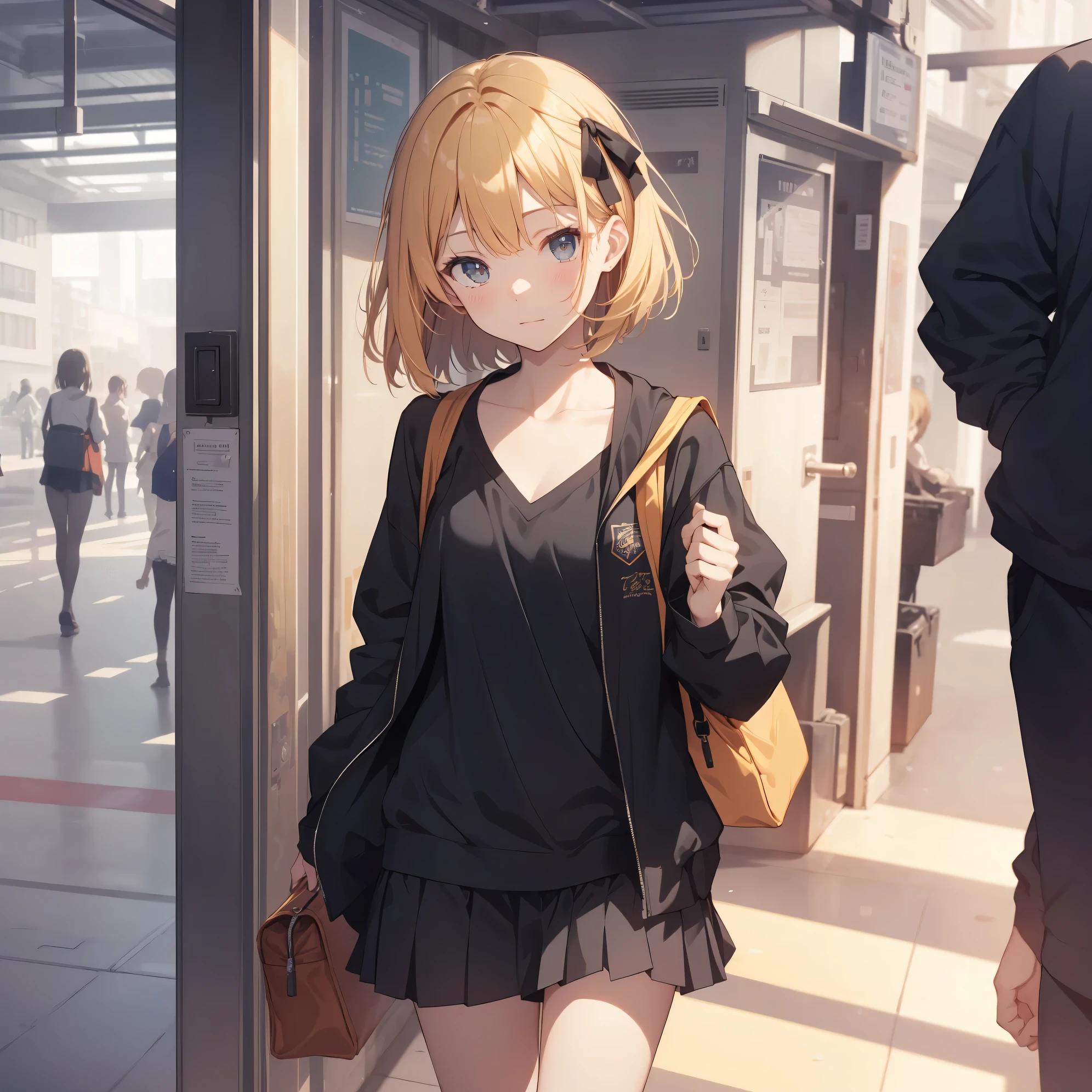 Ultra-highest quality by the art god, super detailed, High resolution, anime moe art style, Best Anime 8K Kona-chan Wallpaper, pixiv contest winner, perfect anatomy, break,(眠そうにalone学校へ行く女の子を描いてください. )break,1 girl, (alone,little woman, , 13 years old:1.3),All limbs, full finger,, The charm of an immature body, (very short hair), bangs, flat chest, Small Bodysuits, small ass, between legs, small black eyes, detailed and beautiful eyes, Well-proportioned iris and pupils, expressive eyes, High resolutionの詳細な髪, ribbon, neck ribbon, skirt, collared shirt, pleated skirt, school uniform, school bag,(detailed lighting), (detailed background), On the way to school. break,super dense skin, Best lighting by famous artists, 8k, cute illustration,Hmm, rough skin,Absurd Hi-Res