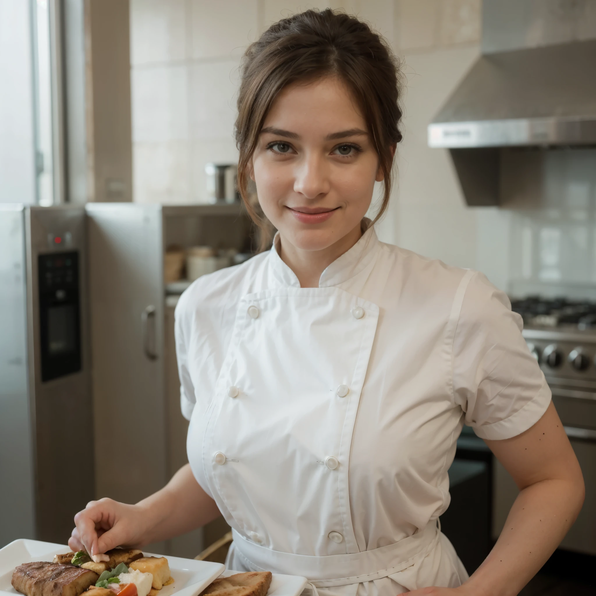 ((best quality)), ((chef-d'Ouvrages d'art)), (detailed), slightly aged face, brun, francaise, yeaux verts, maman, cooker, poitrine de taille plus que la moyenne, Fully dressed, femme pas vulgaire, Mere de famille, beautiful, souriante, average age of 35