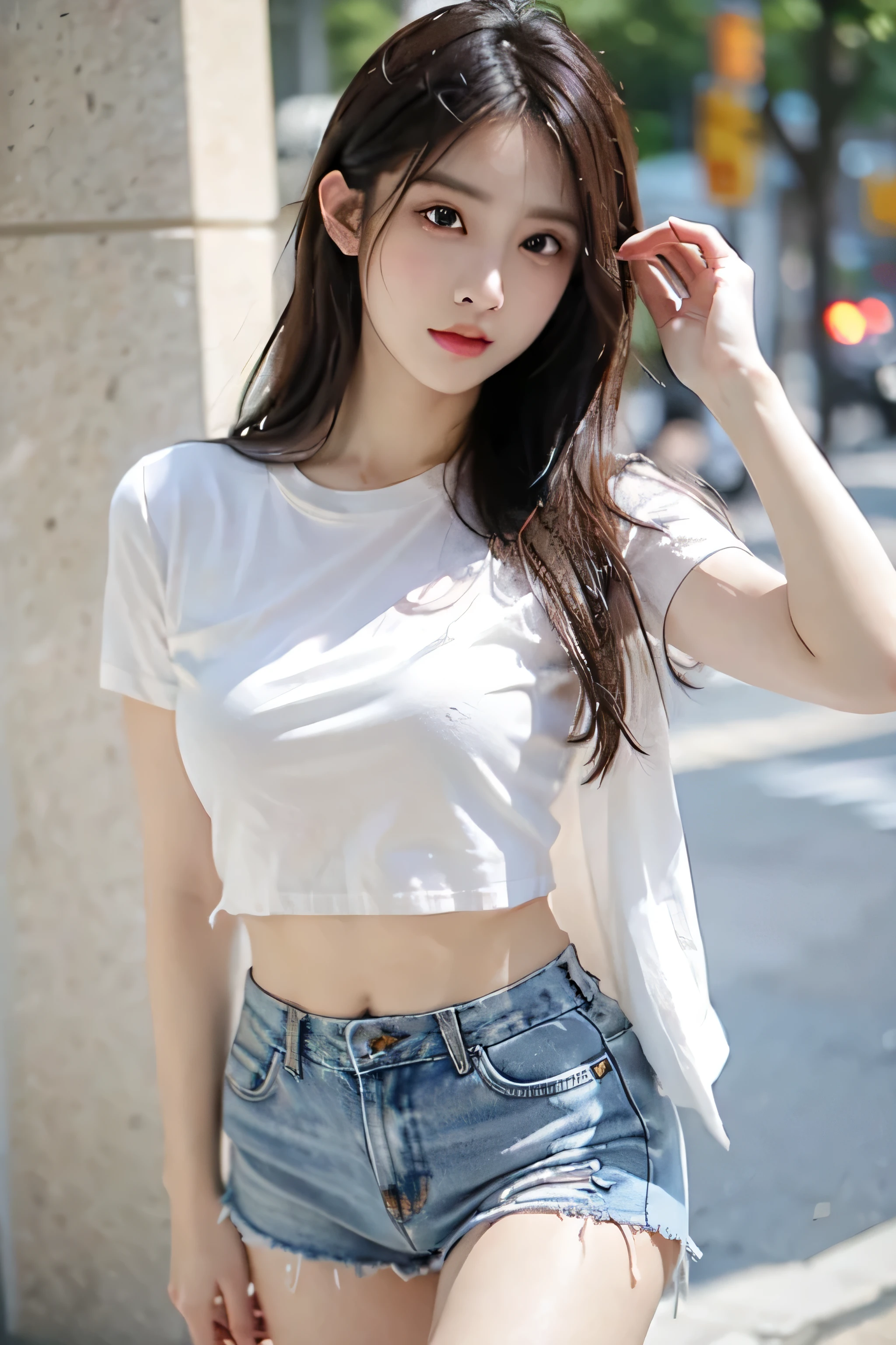 best quality, masterpiece, ultra high resolution, (actual: 1.4), original photo, (Evening Street), 1 girl, black eyes, looking at the audience, long hair, Light makeup, lips, Small ears, White T-shirt, Denim shorts, earrings, ride a ferrari, big breasts, Slim
