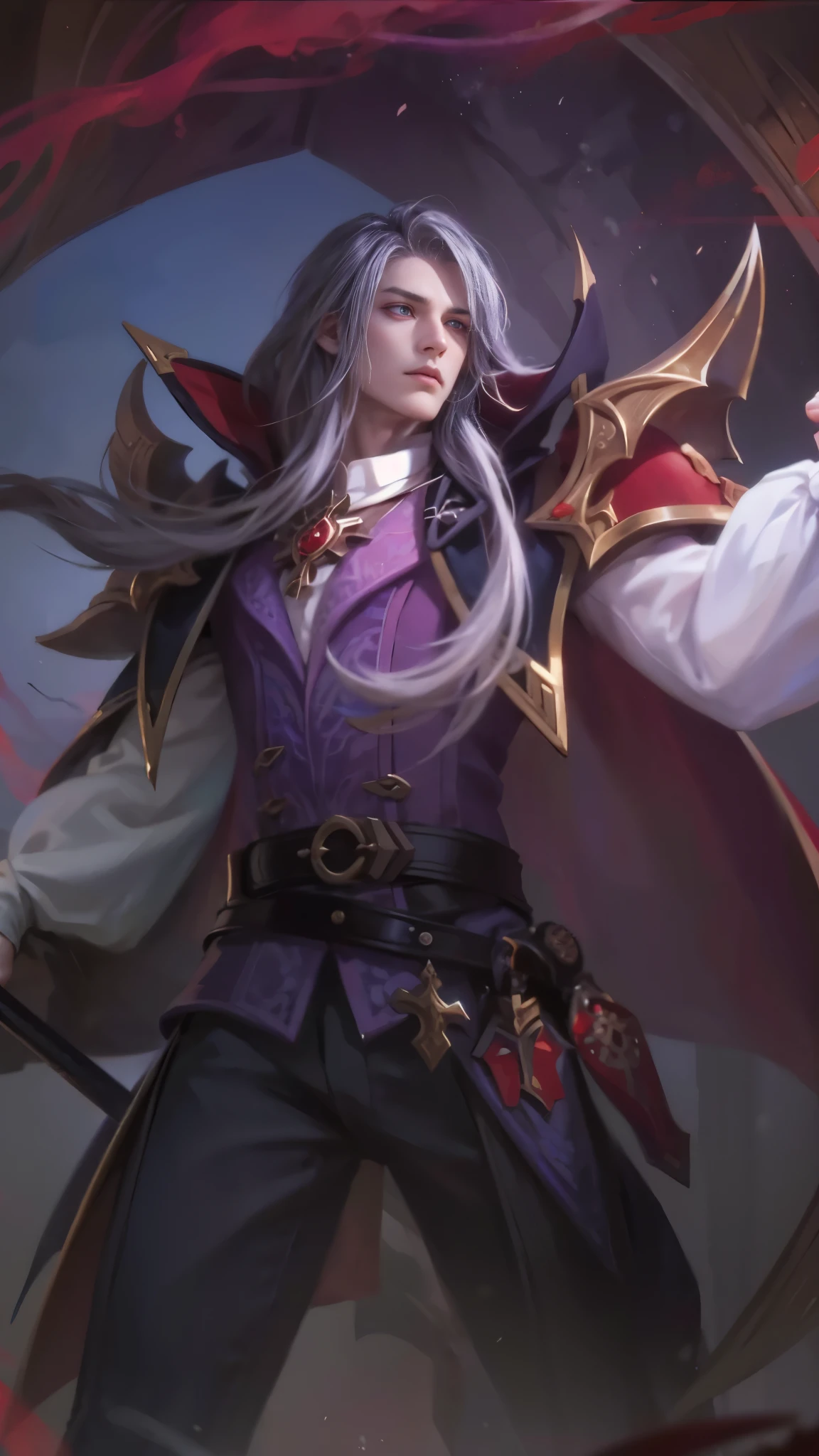 Best quality, masterpiece, detailed skin texture, detailed clothes texture, detailed face, super detail, 8k, intricate detail, 1 boy, The color doesn't change, Muscle guy, 1 guy, red eye, a close up of a person holding a sword in a dark room, heise jinyao, astri lohne, inspired by Huang Shen, male vampire of clan banu haqim, zhongli from genshin impact, alucard, casimir art, keqing from genshin impact, karthus from league of legends, skinny male fantasy alchemist.