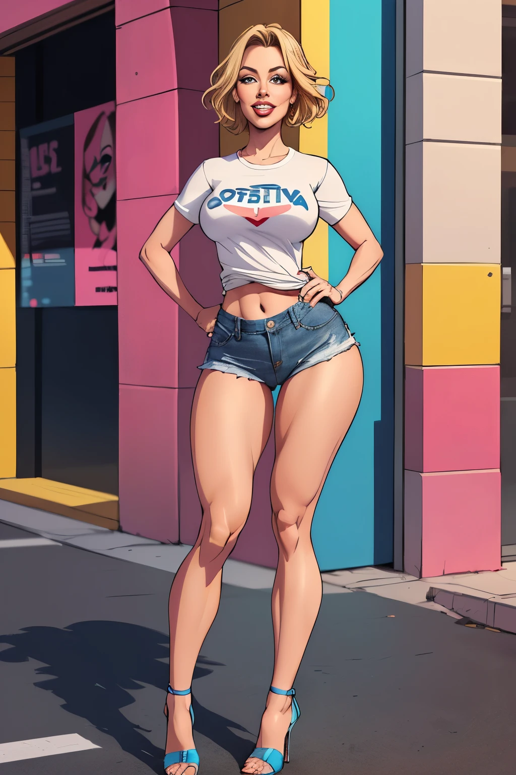 ((cartoon style:1.2), drawing ([Kylie Minogue]), beautiful woman 40 years old, big lips, Perfect eyes, detailed face, party background, cheerful pose, flirty look, big hips,Short blond hair,short denim shorts,dark t-shirt,whole body,in heels,I&#39;m standing on the street