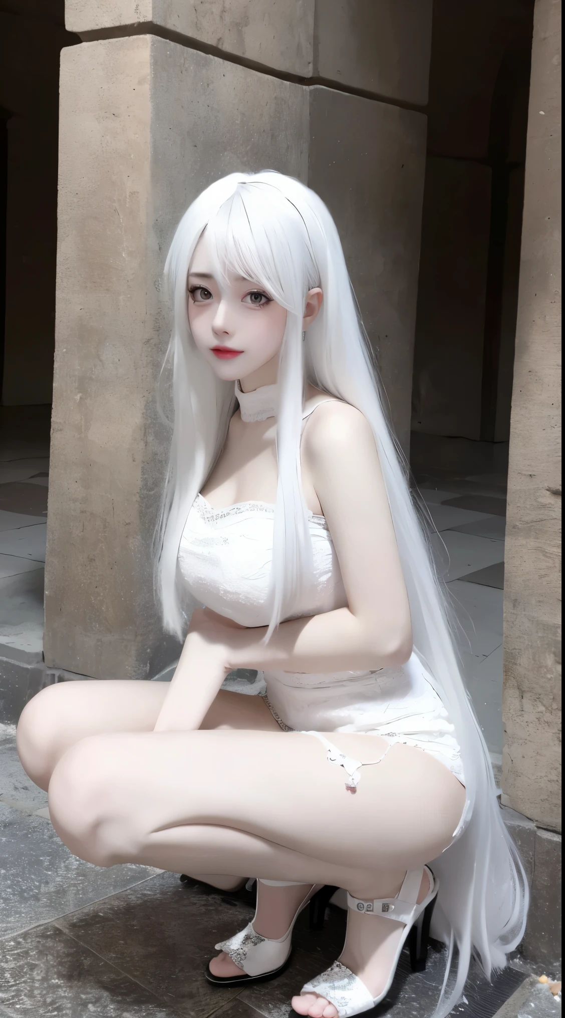 8k, surreal, masterpiece, best quality, super detailed, high分辨率, random background, 1 girl, (:1.8), Yao Liu, white hair，whole body，white wedding dress，high跟鞋，whole body，One meter eight，high，full stature，Do not expose private areas