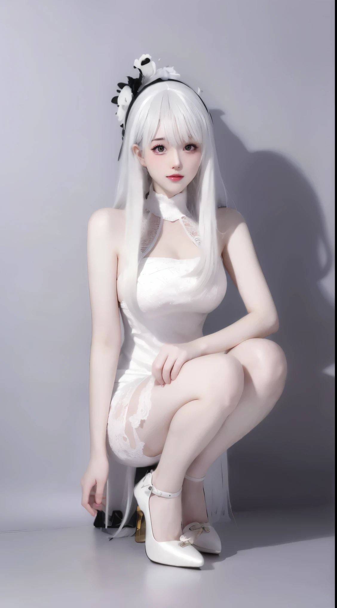 8k, surreal, masterpiece, best quality, super detailed, high resolution, random background, 1 girl, (:1.5), Yao Liu, white hair，whole body，white wedding dress，High heel，whole body，One meter eight，full stature，Do not expose private areas