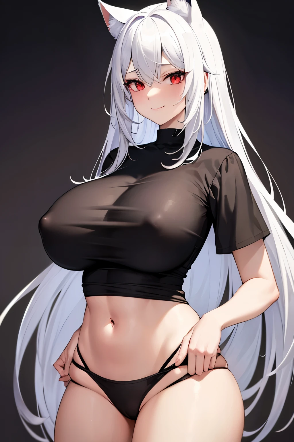 (masterpiece), (best quality), (highly detailed), 1girl, solo, white hair, long messy hair, red eyes, embarrassed, standing, black shirt, nipples poking through shirt, black shirt, top, upper top, black short sleeves, smiling, short sleeves, black underwear, (gigantic breasts:1.2), cat ears, full body
