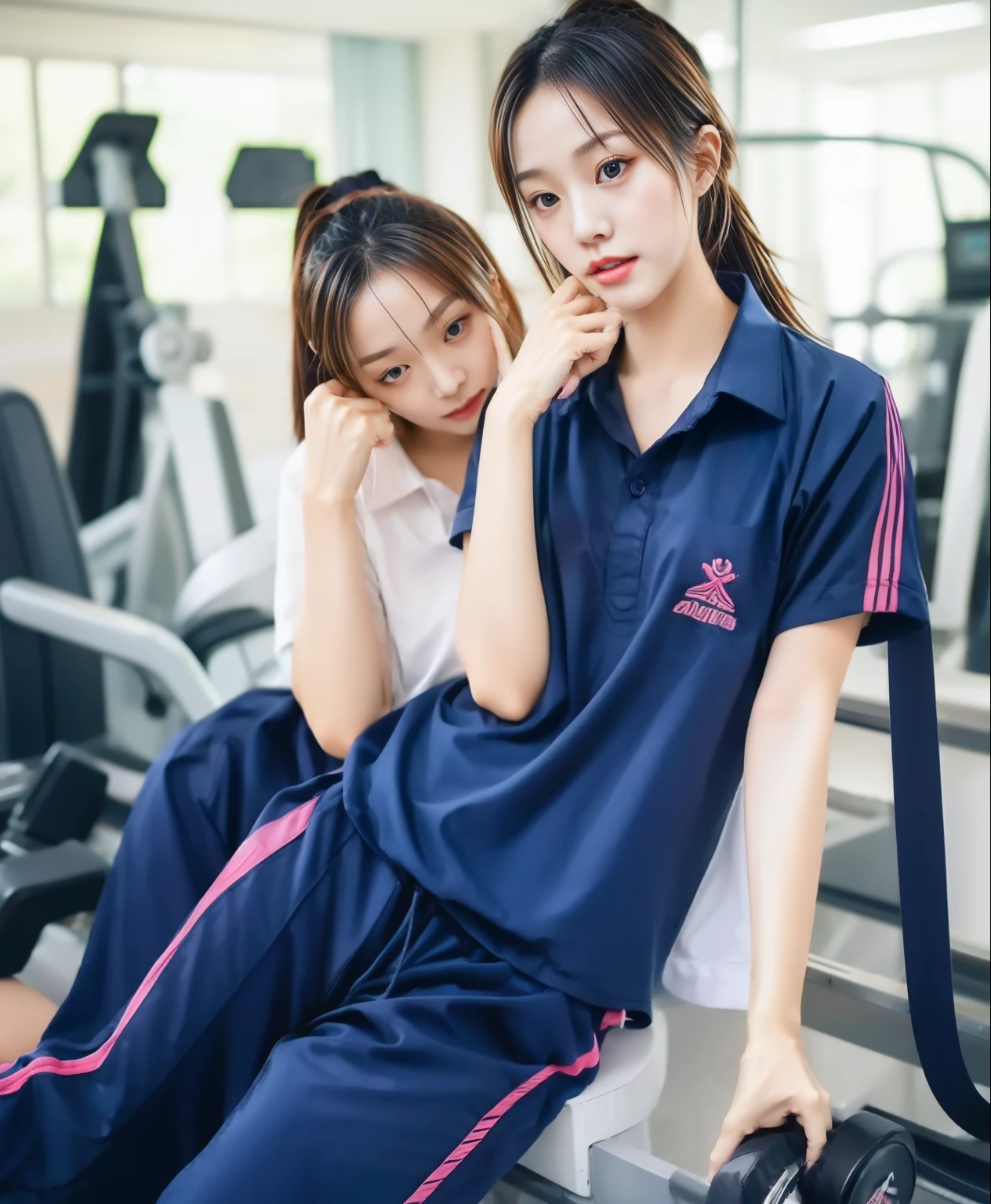 3 girls in fitness center, Navy blue short-sleeved shirt,Navy Long Trackpant,Sweatpants, Long sweatpants,25 year old girl, lesbian, sexy, exercise clothes, wet body, exercise clothes