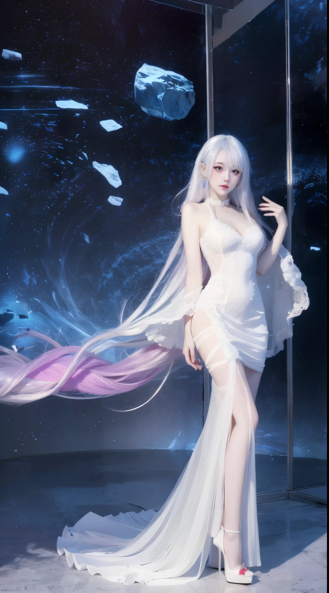 8k, surreal, masterpiece, best quality, super detailed, high resolution, random background, 1 girl, (:1.5), Yao Liu, white dress，colored hair，translucent，whole body，High heel透明婚纱，High heel，whole body，rich and colorful