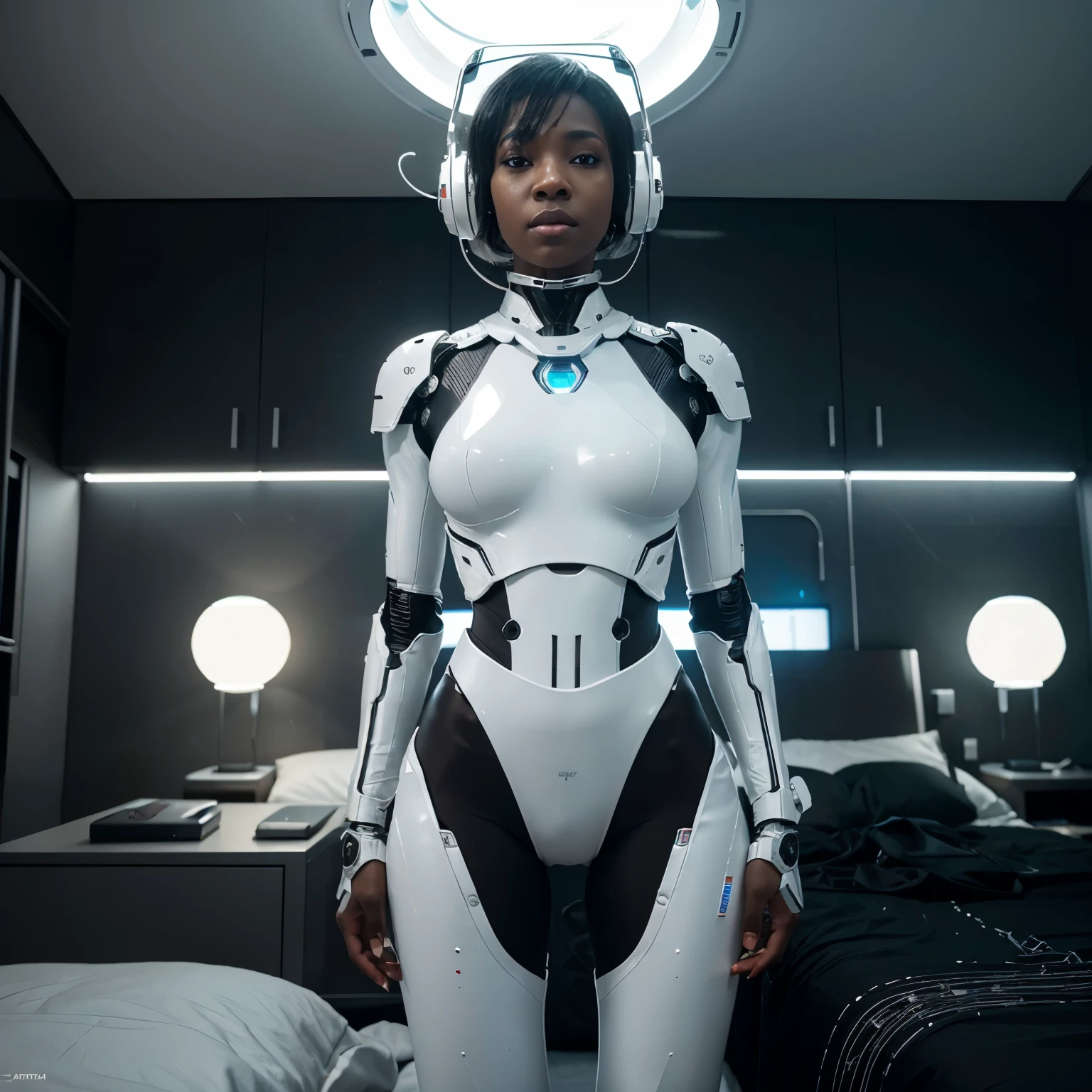 Black woman dressed in white clothes laying on a mechanical high tech bed connected to wires on a wall, in a scifi room, with a silver chrome robot standing next to her, white coloured sun shining a white light providing a white colour grading, white fog covering the whole scene, 32k, ultra HD, unreal engine rendered, cinematic lighting, artgerm style, hyper-realistic image, sci-fi art