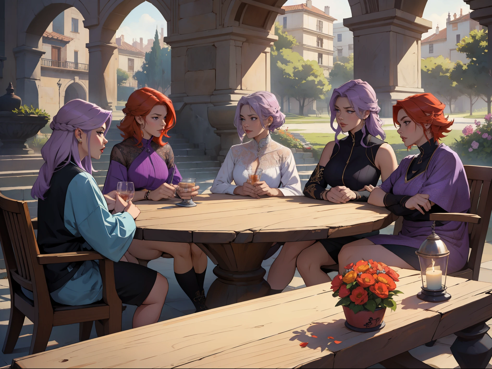 a group of 45 year old ladies, one with purple hair, the other with silver hair, the other with orange hair and the other with red hair., estan conversando hablando pero esta tensoelambienteson rivales discuten temasdelicados tienen cabello corto