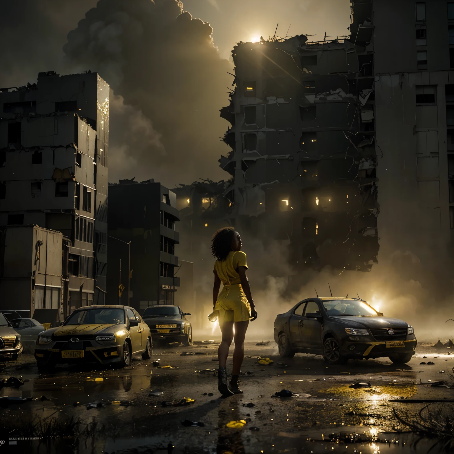 A black woman walking in a swamp wasteland surrounded by broken buildings and damaged cars, floating broken particles in air floating, sun shining a dark moody yellow light in the scene, the yellow light providing a yellow color grading, a thick yellow fog in the scene, cinematic lighting, 32k, ultra HD, hyper-realistic image , octane 3d rendering 
