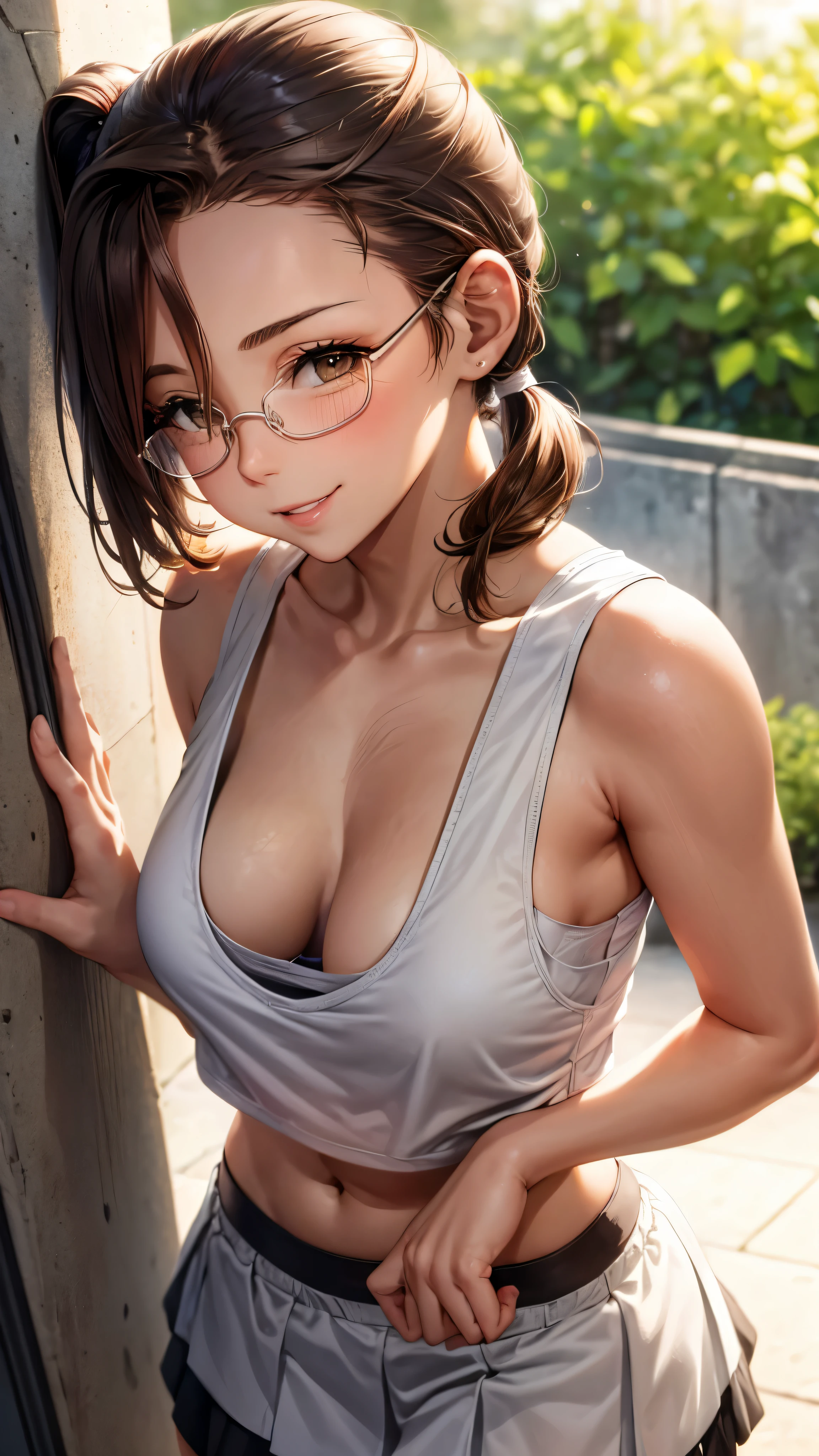 1 female,,brown hair,beautiful low ponytail hairstyle, (miniskirt and big white tank top, (double breasted,under bust:1), natural smile,,frameless eyeglasses,(leaning forward),cute and good
