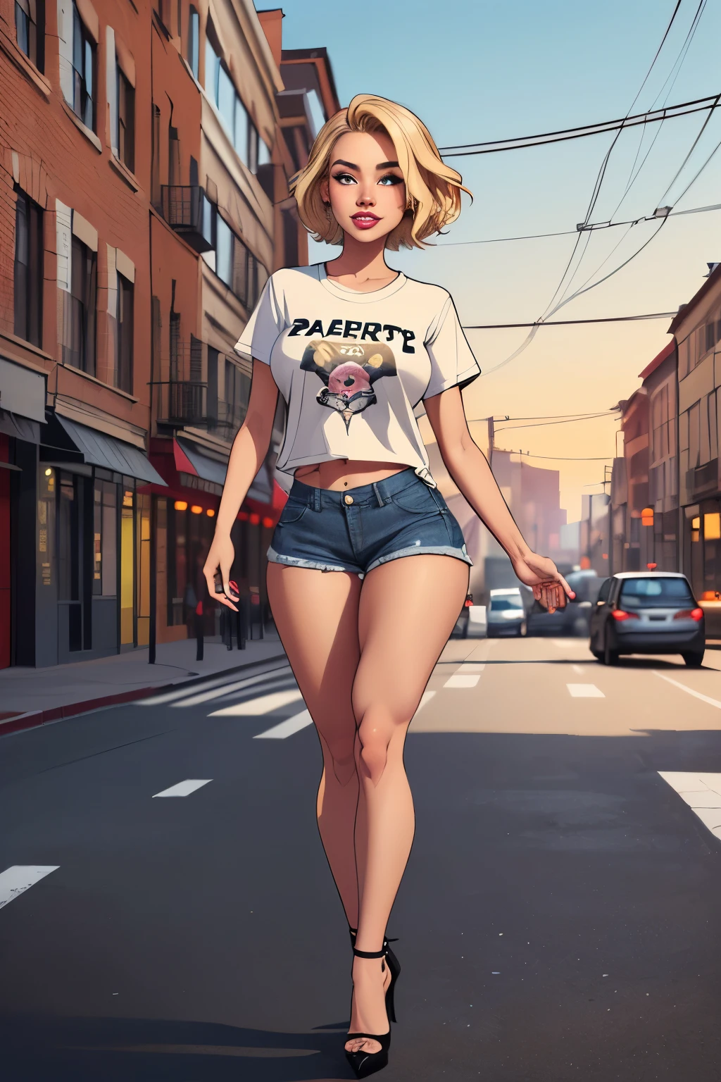 ((cartoon style:1.2), drawing, Beautiful Asian girl 20 years old, big lips, Perfect eyes, detailed face, party background, cheerful pose, flirty look, big massive thighs,Short blond hair,short denim shorts,dark t-shirt,whole body,in heels,I'm standing on the street