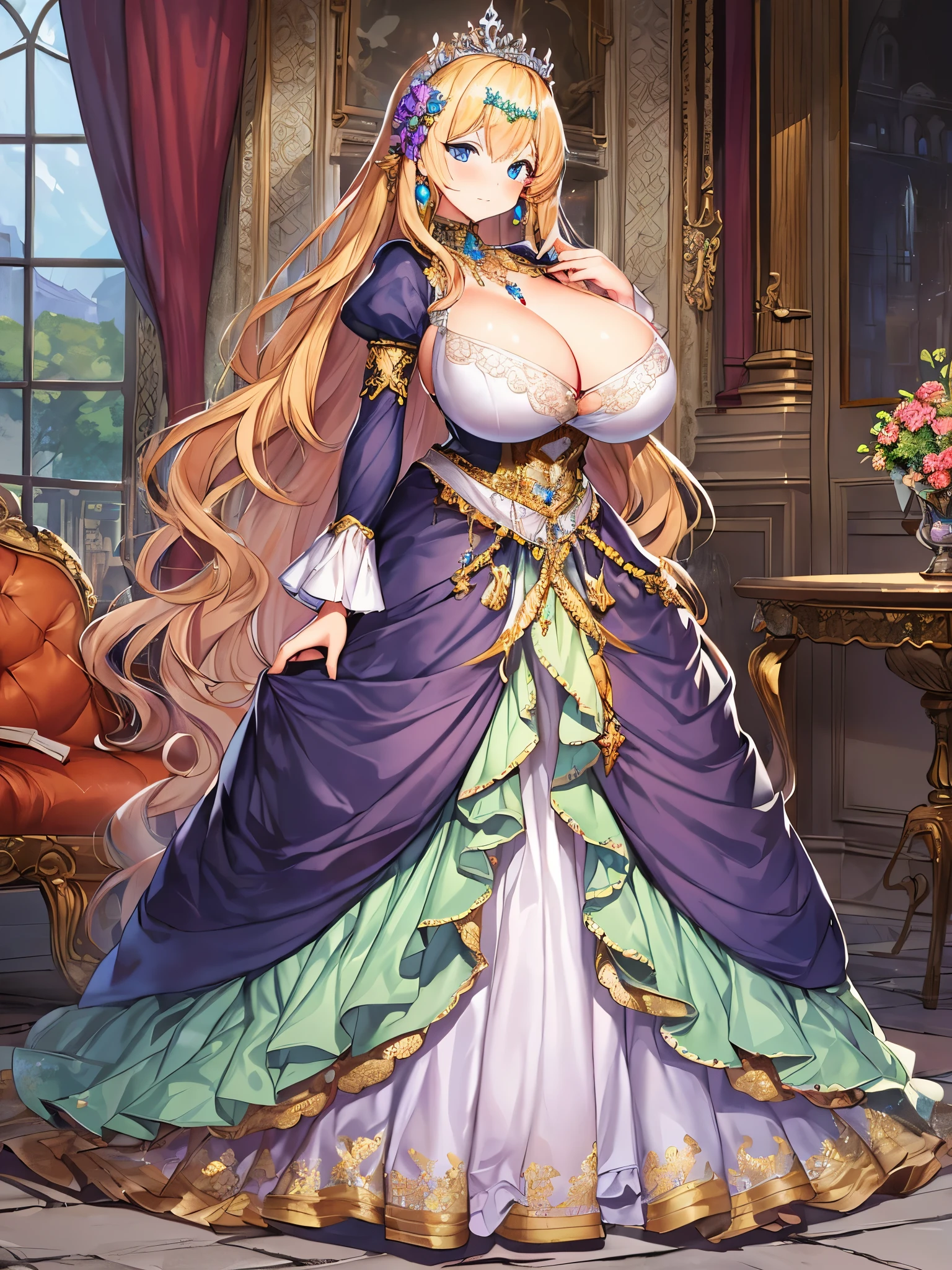 anime artstyle,Masterpiece,Best Quality,Super Detail,Very Delicate and Beautiful,Solo,full body,full body portrait,((1 princess in a jeweled rococo ballgown with beautiful embroidery)),(((very gigantic tits))),cleavage,Skindentation,((fantasy castle,outdoor)),((crinoline,long train)),super detailed gorgeous princess ballgown with voluminous full length hoop skirt,gorgeous princess rococo ballgown with long train,gorgeous princess rococo ballgown with beautiful embroidery and jeweled,(detailed face and eyes),jewel-like eyes,((extremely voluminous straight Hair,Extremely Long Straight Hair)),extremely gorgeous hair ornament,((extremely gorgeous jeweled big tiara)),luxurious jewelry,((super detailed gorgeous princess rococo ballgown with voluminous full length hoop skirt)),full body