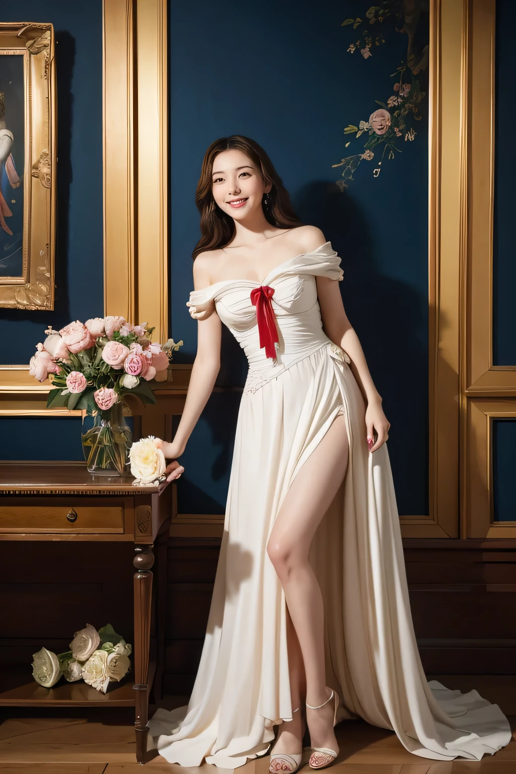full body portrait or statue、Vigée Leblanc style、math、astronomical machine、astronaut、roses in vase、fruit、Cute trinkets、smile、ancient greek costume、Sandro Botticelli paintings、Clothes that stretch your shoulders、A big smile、expression of ecstasy、sexy、beautiful bare skin、A detailed representation of the seducing woman throughout her body..