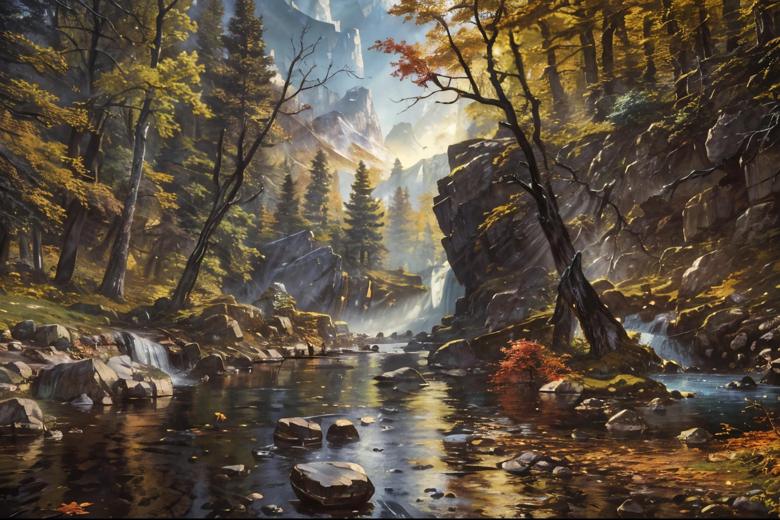 picture of a stream in a forest with stones and trees, Inspired by Mark Keatley, beautiful matte oil painting, autumn tranquility, autumn, In the style of Albert Bierstadt, detailed painting 4k, inspired by Albert Bierstadt, Decorations, Albert Bierstadt, Greg Rutkowski, breathtaking art, 3D Virtual Landscape Painting, Hyper-Realistic Fall, Albert Bierstadt 4 К