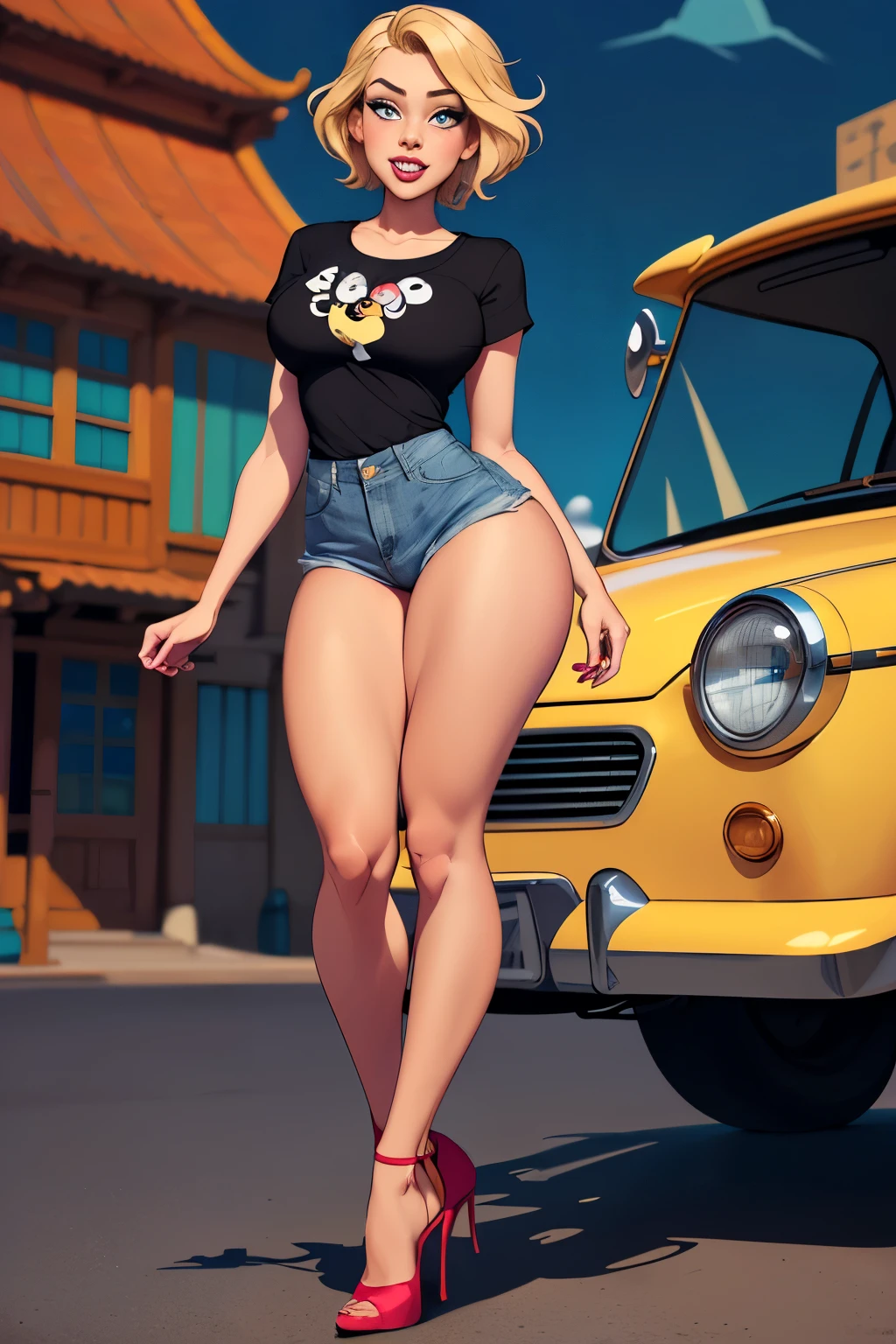 ((cartoon disney style:1.2), Beautiful Asian girl 20 years old, big lips, Perfect eyes, detailed face, party background, cheerful pose, flirty look, big massive thighs,Short blond hair,short denim shorts,dark t-shirt,whole body,in heels,I'm standing on the street