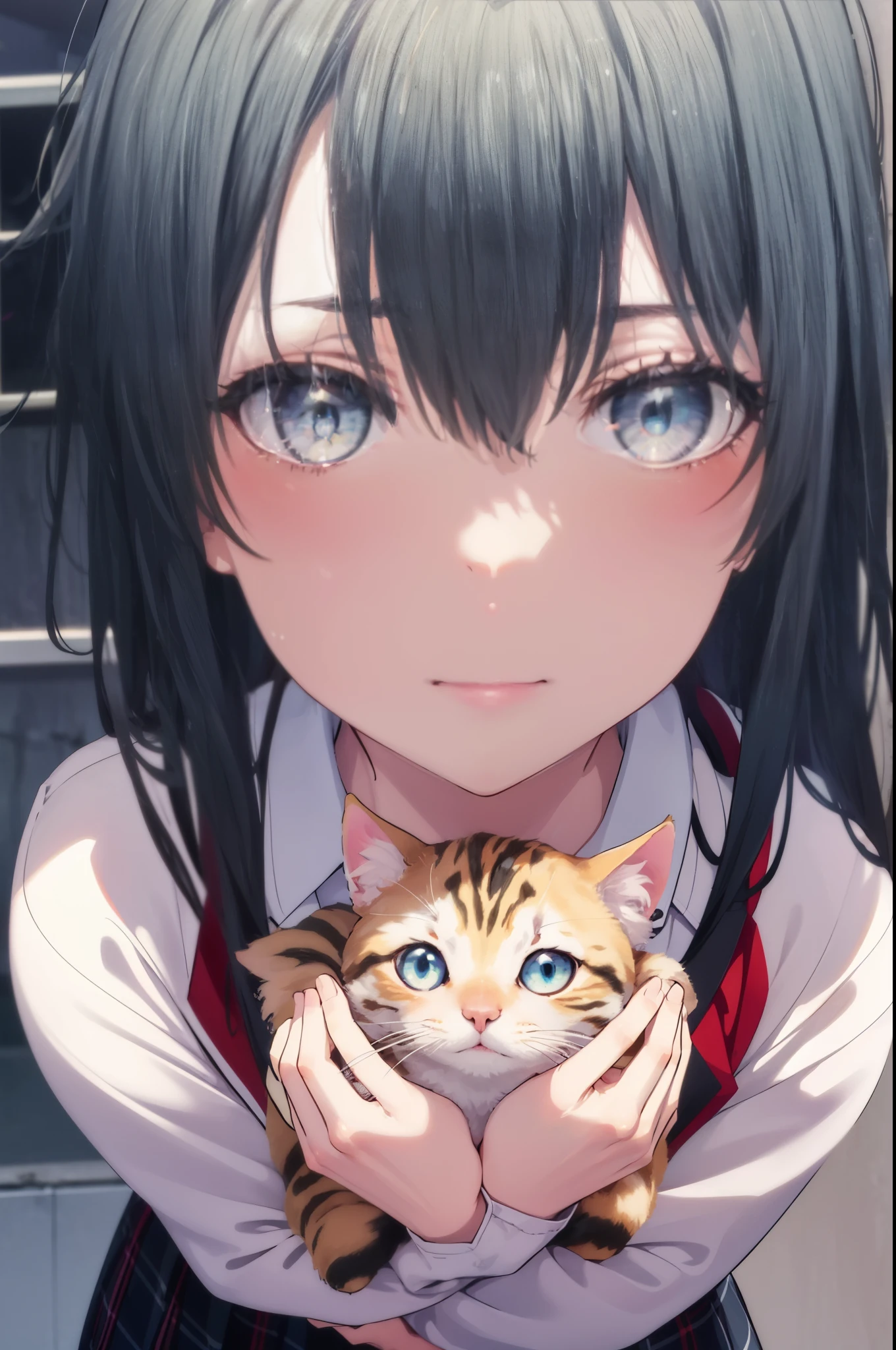 yukinoyukinoshita, yukino yukinoshita, 1woman and calico cat,black hair, blue eyes, long hair, Ahoge,blush,smile,幸せな雰囲気
break blazer, cardigan, Jacket, plaid, plaid skirt, school uniform, skirt, sobu high school uniform,Crouching down and holding a small kitten,
break outdoors, residential street,
break (masterpiece:1.2), highest quality, High resolution, unity 8k wallpaper, (shape:0.8), (thin and beautiful eyes:1.6), highly detailed face, perfect lighting, Very detailed CG, (perfect hands, perfect anatomy),
