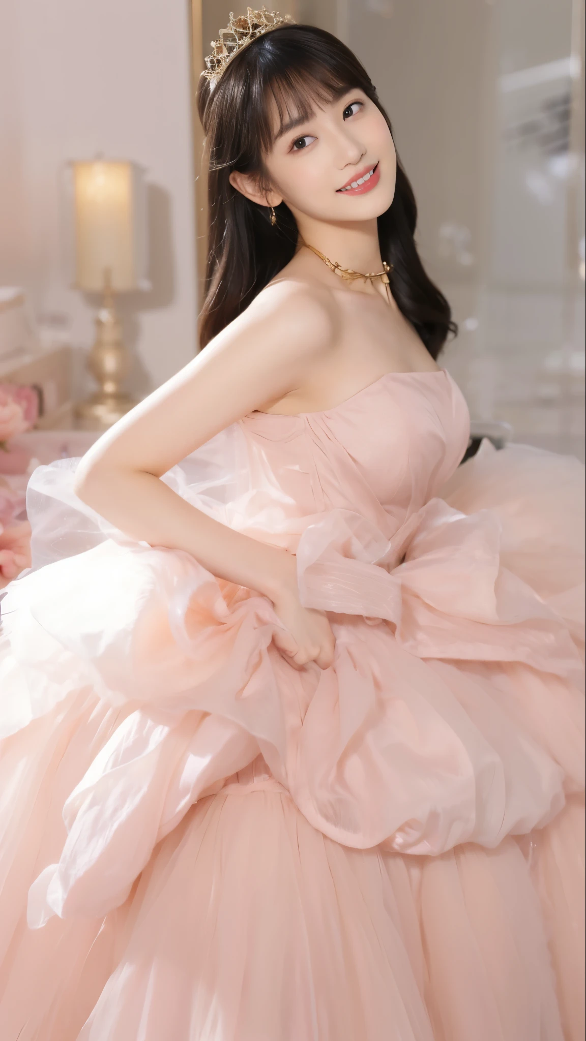 ((Masterpiece, Top image quality, high resolution、alone、skin shiny))(on the table, best quality, actual, super detailed, meticulous, high resolution, 8k wallpaper), Close-up portrait of a beautiful woman, like, smiling, light brown messy hair, Perfect dynamic composition, 美丽meticulous的眼睛, Just like the cover of a fashion magazine, on campus,wearing gold glasses