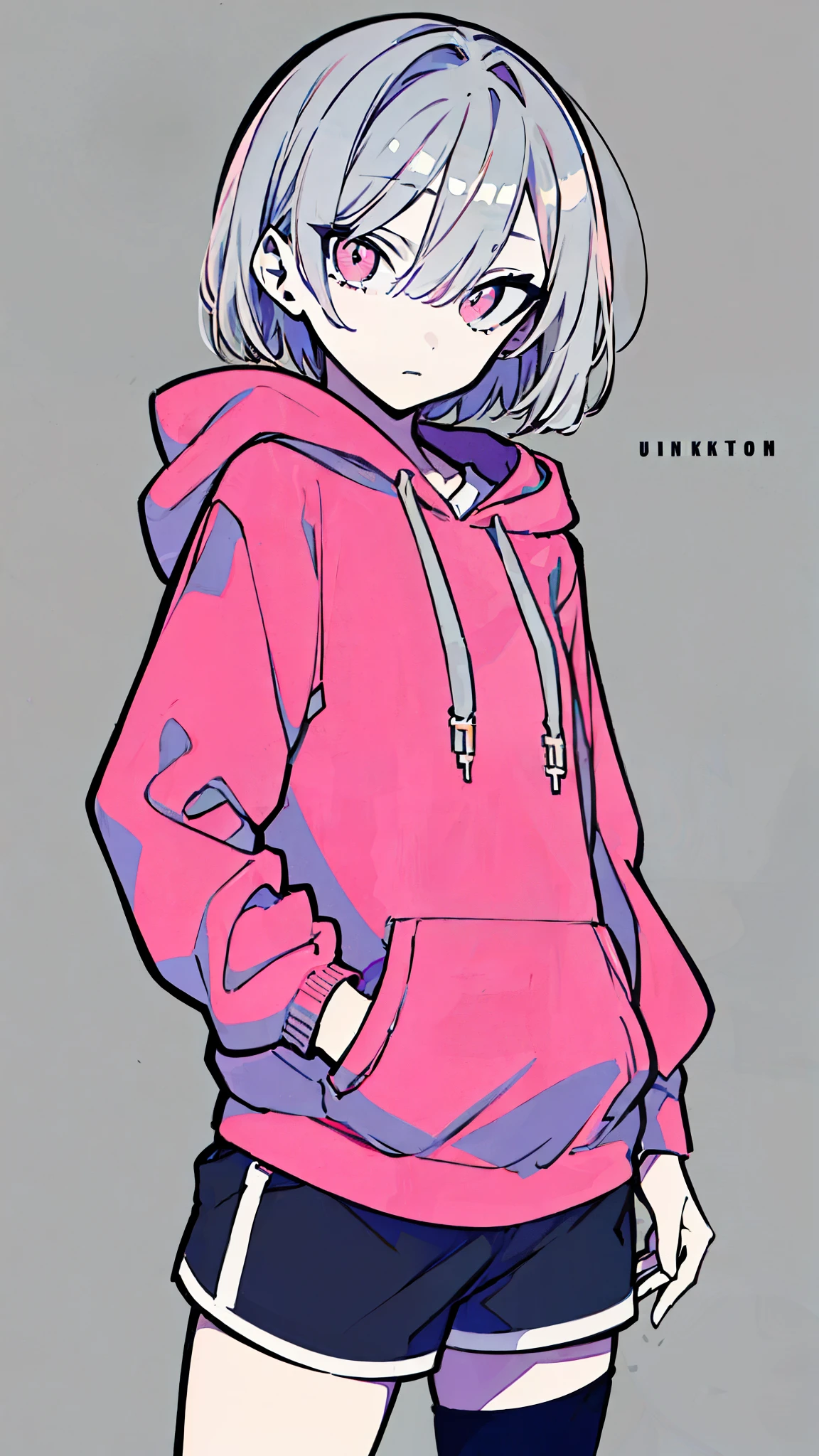 (masterpiece, highest quality:1.6), alone, thick outline, (simple background, Dark gray background, monochrome, dull pink theme:1.2), official art, Key Visual, 8k, confused, whole body, (unique hair, oversized hoodie, hot pants, wearing a hood, arch back, short torso:1.2), belly button, thighs, cowboy shot, HDR, sharp focus, High resolution, most detailed, very detailed, Super detailed, finely, detailed eyes and face, sharp pupils, realistic student, alone, gray and pink contrast, alone, put one's hand in one's pocket