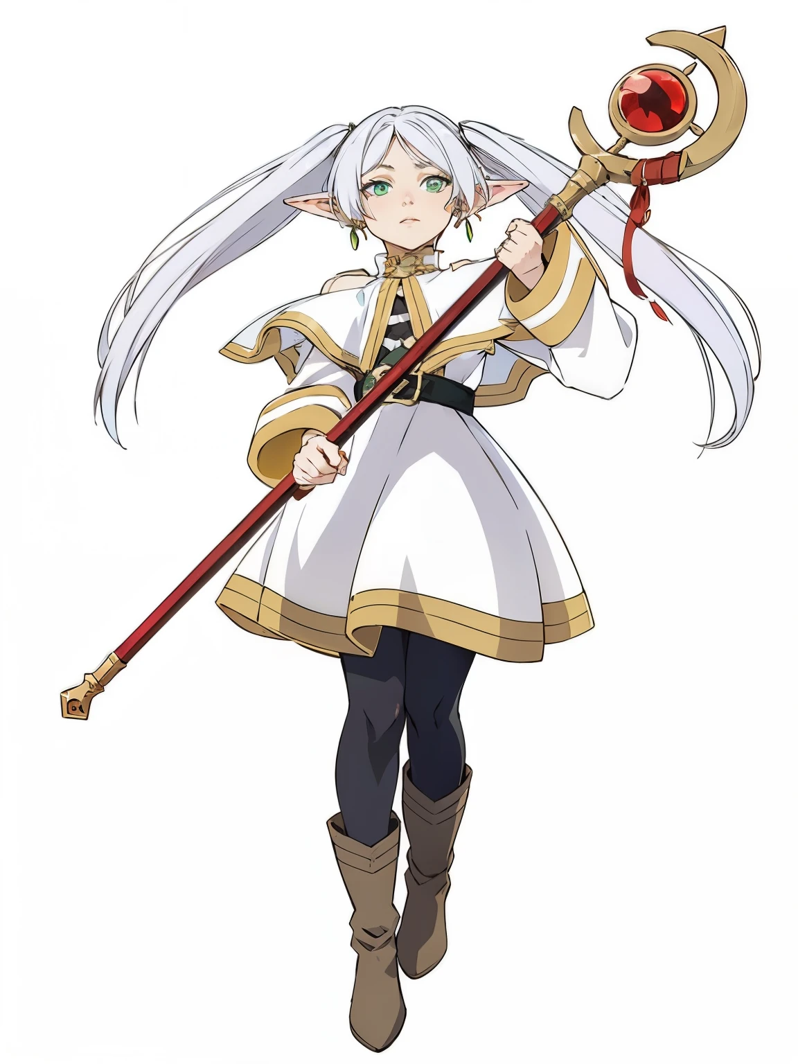 anime character with long white hair holding a red and gold staff, white haired deity, official character art, jrpg character art, best anime character design, official art, she is holding a long staff, full portrait of elementalist, frieren, long hair, twintails, (green eyes:1.5), grey hair, pointy ears, elf, shirt, long sleeves, jewelry, pantyhose, earrings, striped, black pantyhose, capelet, striped shirt,