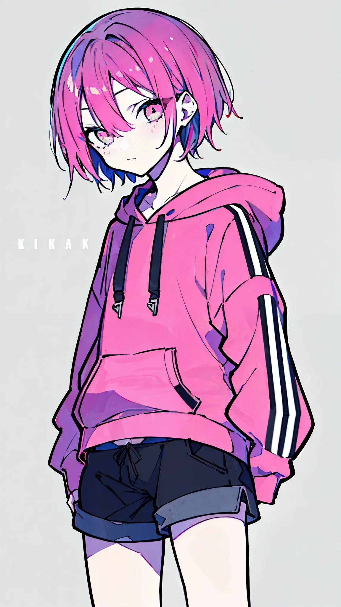 (masterpiece, highest quality:1.6), alone, thick outline, (simple background, Dark gray background, monochrome, dull pink theme:1.2), official art, Key Visual, 8k, confused, whole body, (unique hair, oversized hoodie, hot pants, wearing a hood, arch back, short torso:1.2), belly button, thighs, cowboy shot, HDR, sharp focus, High resolution, most detailed, very detailed, Super detailed, finely, detailed eyes and face, sharp pupils, realistic student, alone, gray and pink contrast, alone, put one's hand in one's pocket