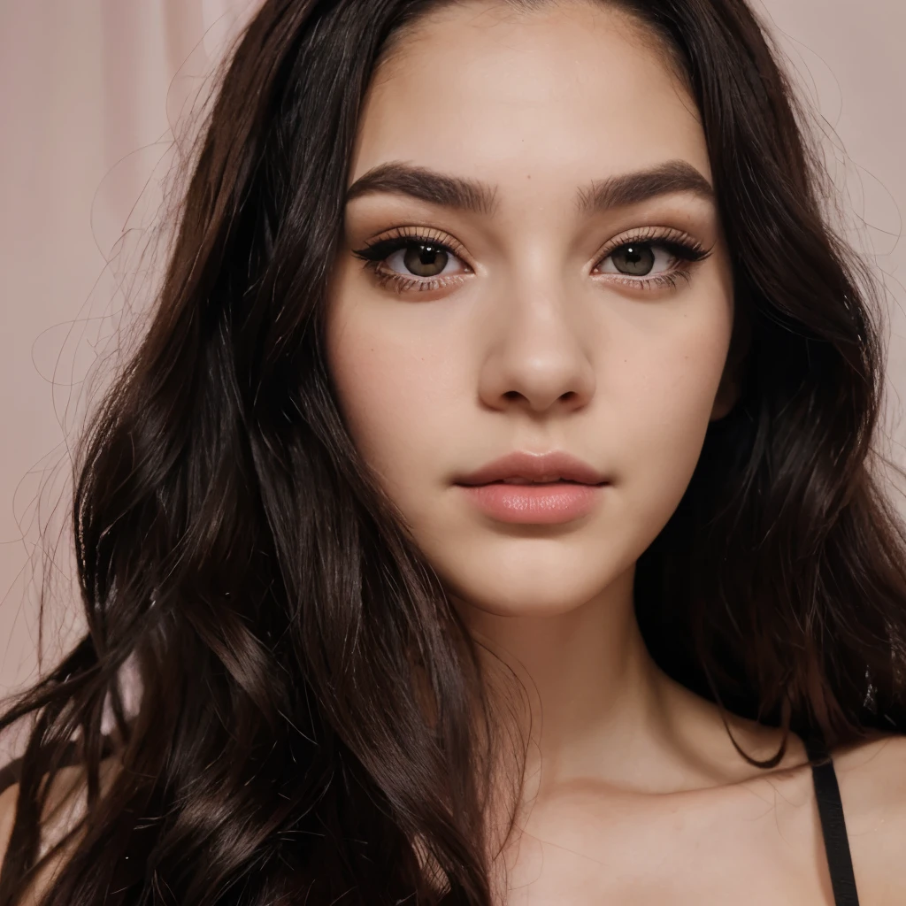 Portrait of a 22-year-old girl hyper-realistic photo oval face black thin eyebrows long curly pink hair with makeup thin lips clear eyes