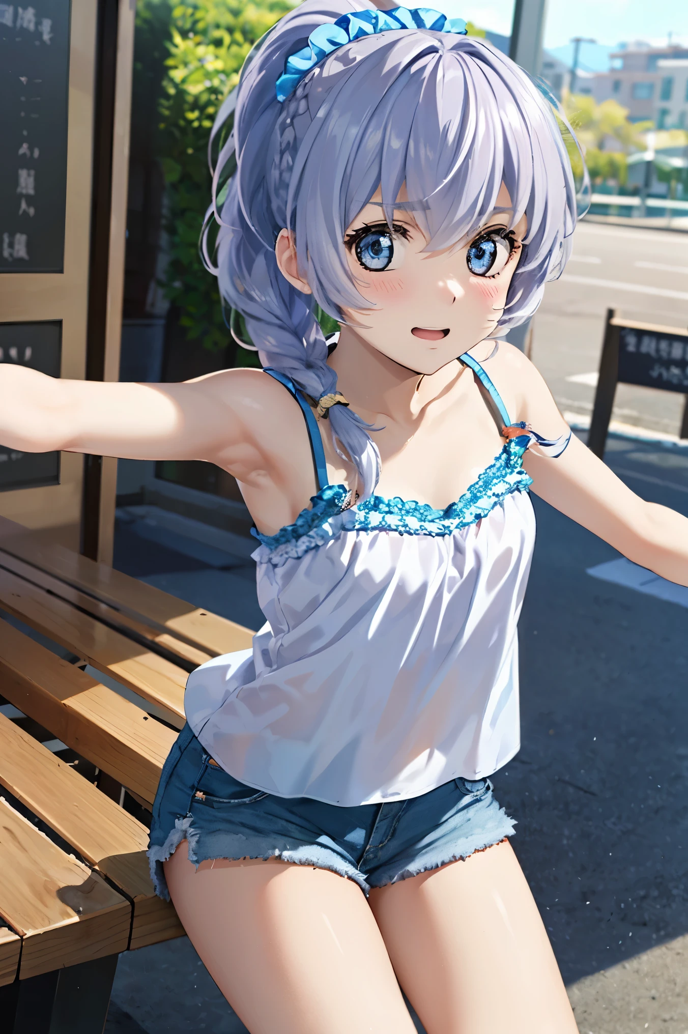 (Highest、Highestの品質、highly detailed beautiful eyes)、Highestの照明、perfect lighting、look at the audience、(1 girl、alone、dynamic angle)、(笑face、shining eyes、face、bangs、ponytail、long hair)、Teresa Testarossa、(short camisole:1.3), shorts, Scrunchies on the arms, Braid、blush、(Highestの笑face:1.2)、In town、shopping、cowboy shot