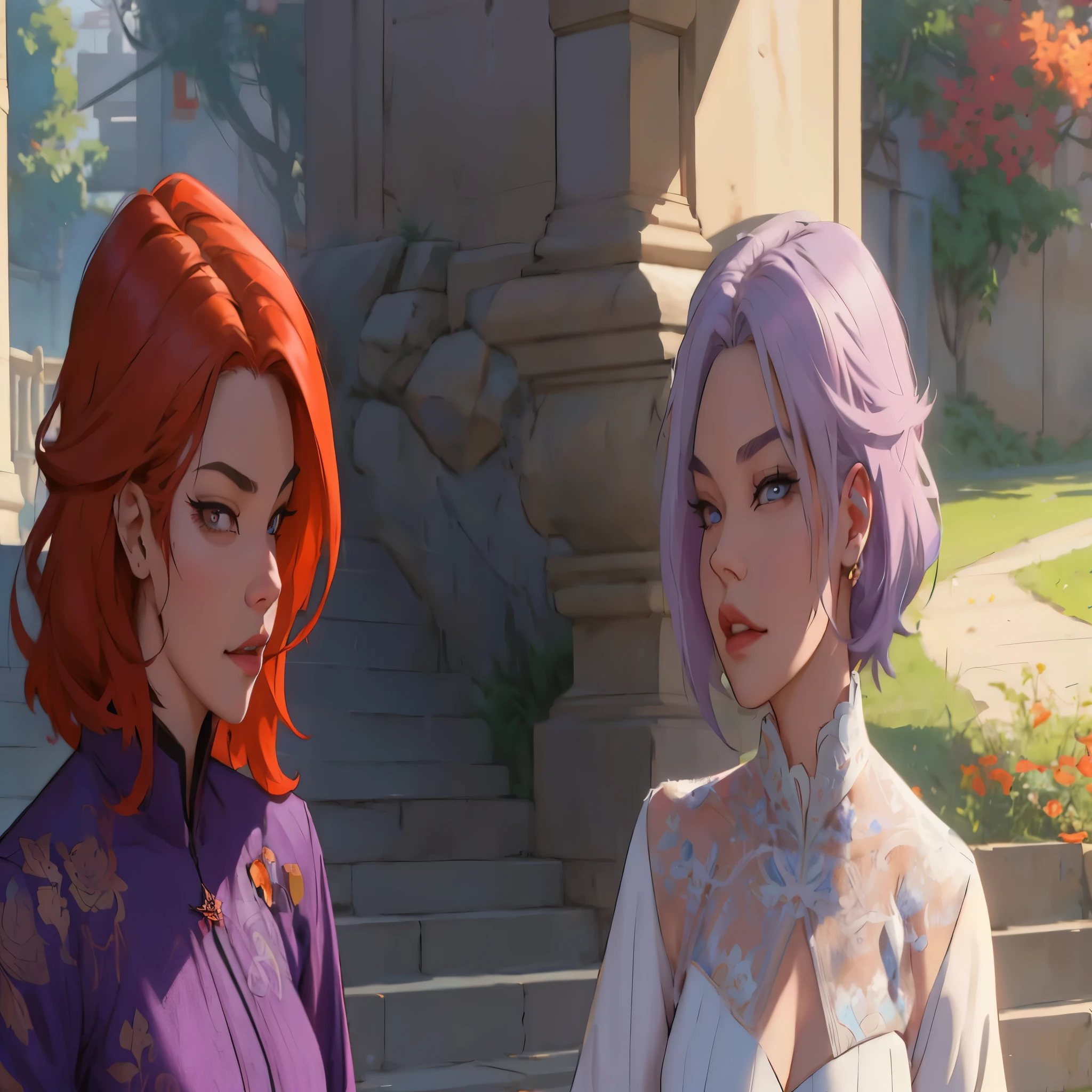 dos mujeres con cabello plateado ojos grises y naranja sentadas una al lado de la otra, Lois and ross tran, moebius + Lois + Oh!, Lois and Oh!, artgerm y atey ghailan, al estilo de ross tran, Ross Tran e Iliá Kuvshinov, obra de arte al estilo de guweiz, Oh! and sakimichan