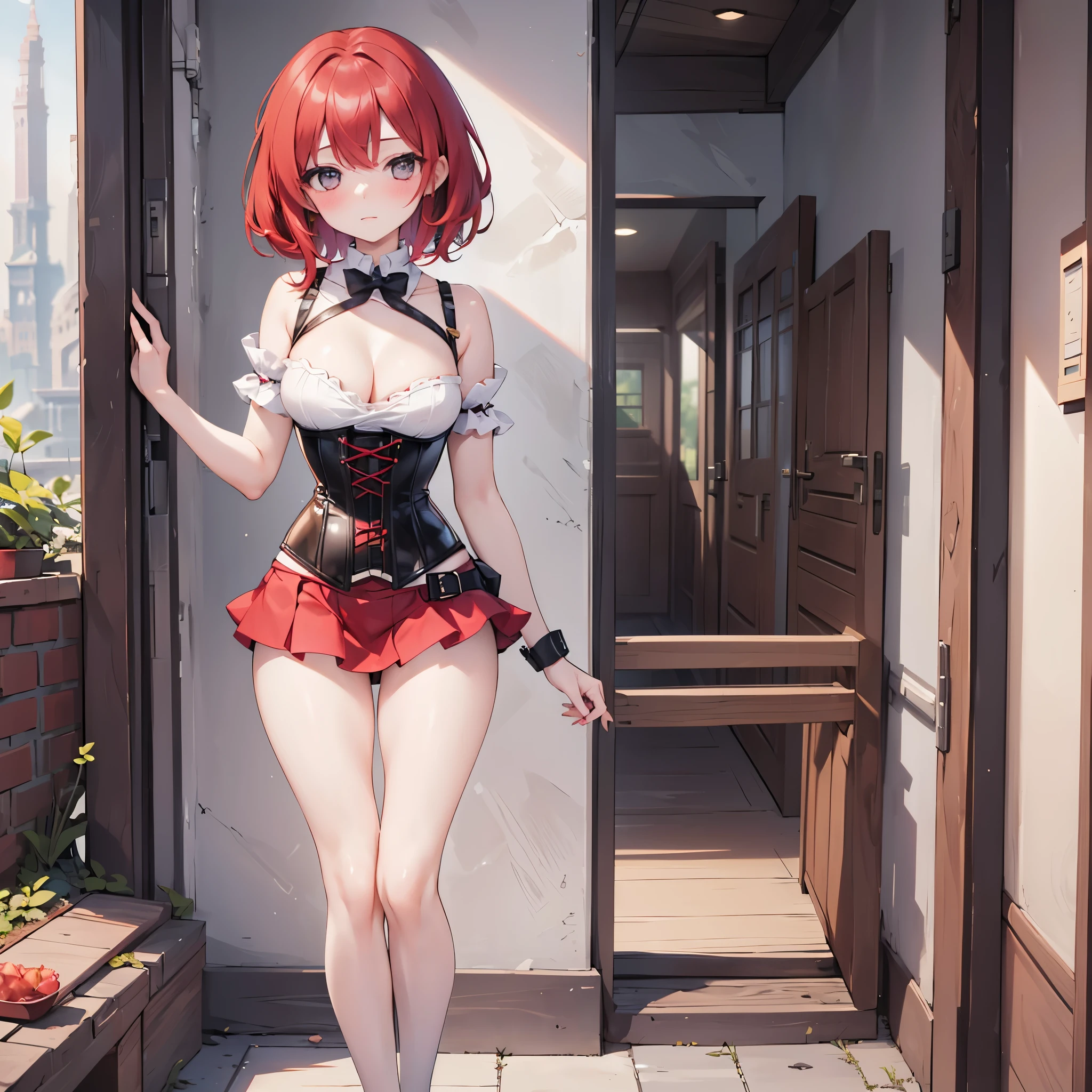(solo 1 skinny girl:1.5), (short red hair:1.5), (short dress:1.3), (wiry corset emphasize cleavage:1.1), (inconceivably short torso), (inconceivably thin narrow waist), BREAK, (flapping very short skirt:1.3), emphasize thigh gap, (thin long legs), nose blush