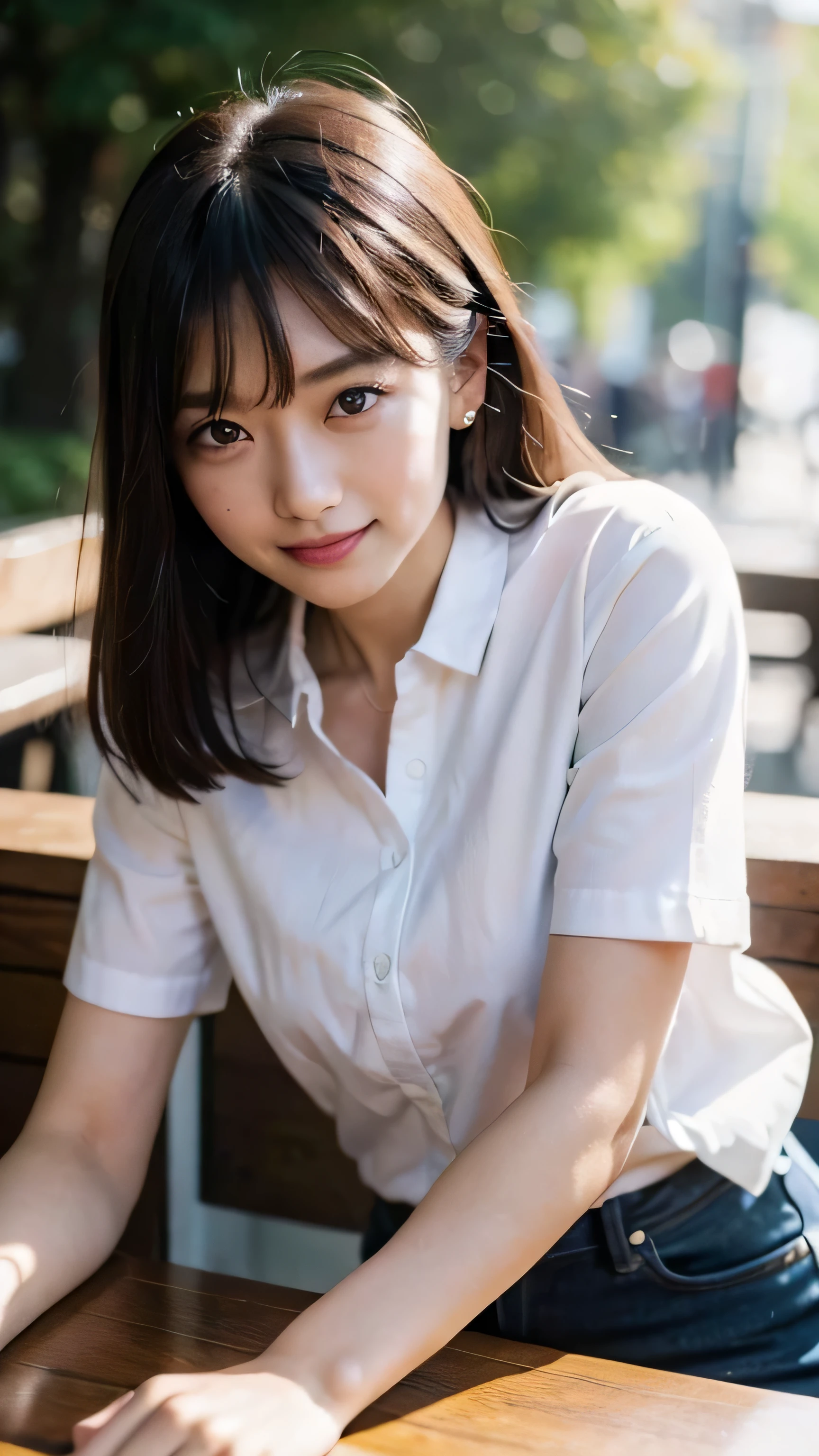 RAW photo, camera&#39;line of sight, ((highest quality, 8k, table top: 1.3)), sharp focus: 1.2, white shirt, japanese woman、cute features, best smile, cute smile, beautiful woman with perfect style: 1.4, thin abs: 1.2, dark brown hair, (Natural light, city street: 1.1), Highly detailed face and skin texture, fine eyes, double eyelid